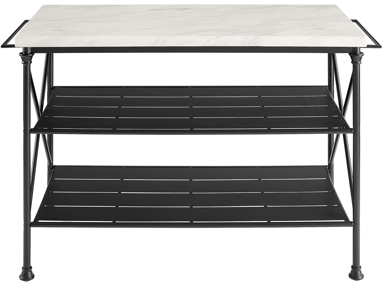 Crosley Madeleine Kitchen Island Matte Black: French Industrial Style, Steel Base, Open Storage Shelves, Towel Bars