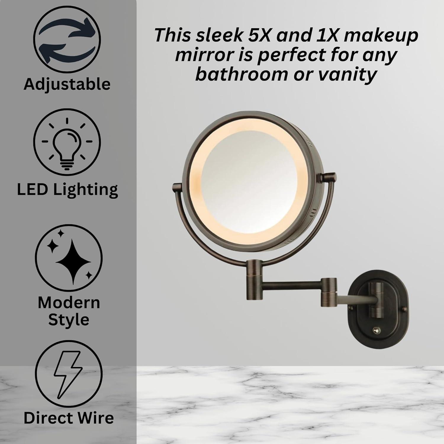 Jerdon 8-inch Diameter Lighted Makeup Mirror, 5X-1X Magnification - Bronze Finish- Direct Wire - Model HL65BZD