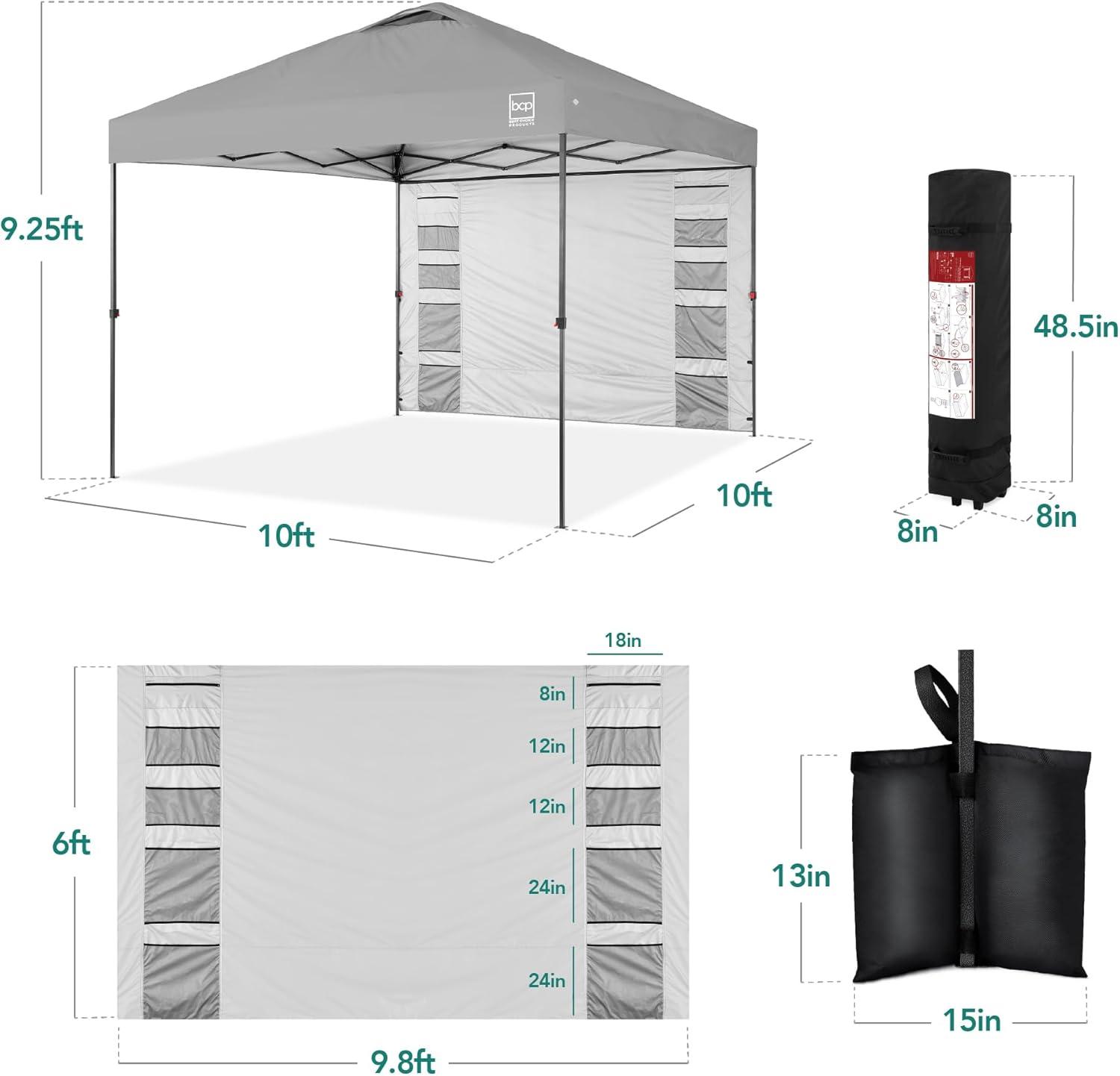 Silver 10x10ft Easy Setup Pop Up Canopy Tent with Side Wall