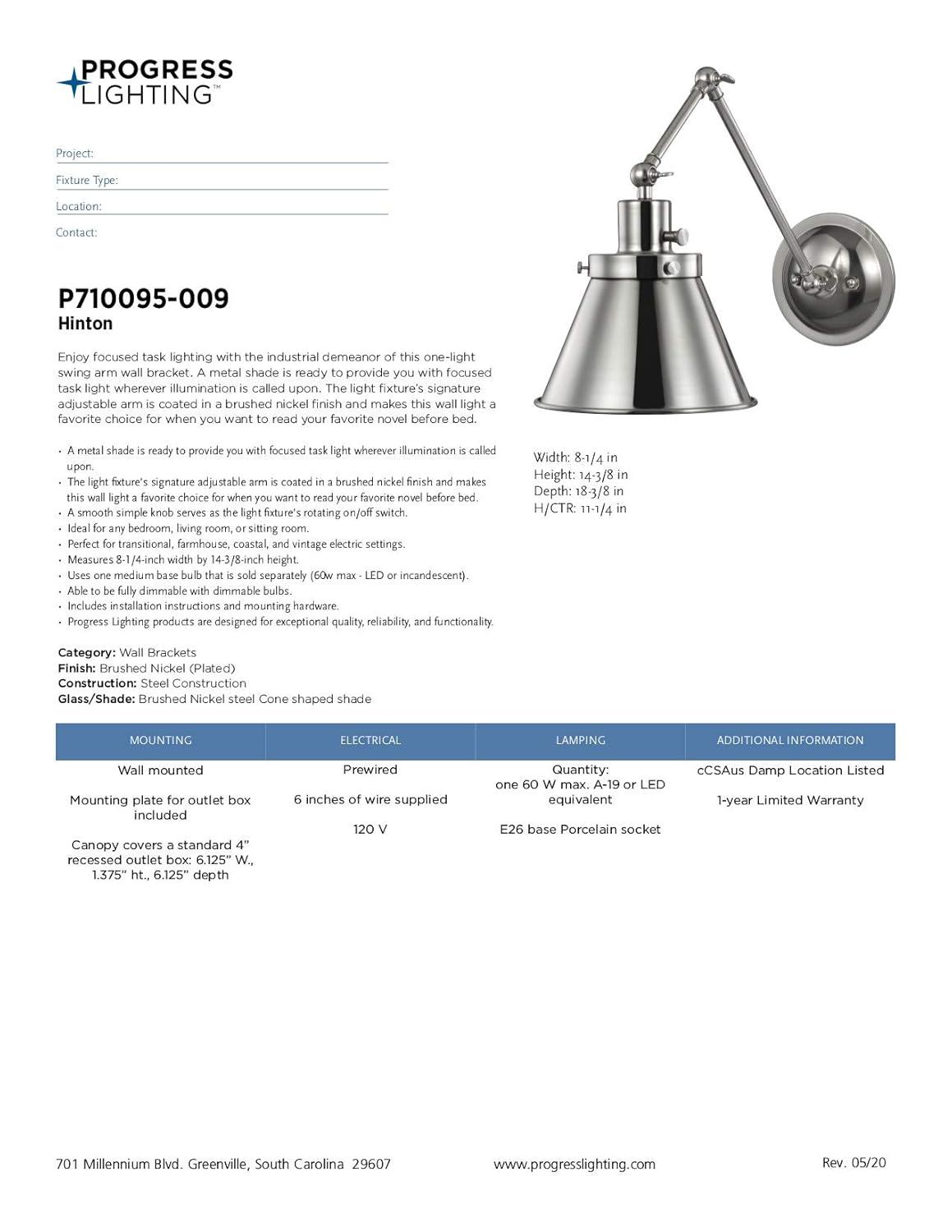 Progress Lighting Hinton 1-Light Swing Arm Wall Bracket, Brushed Nickel, Metal Shade
