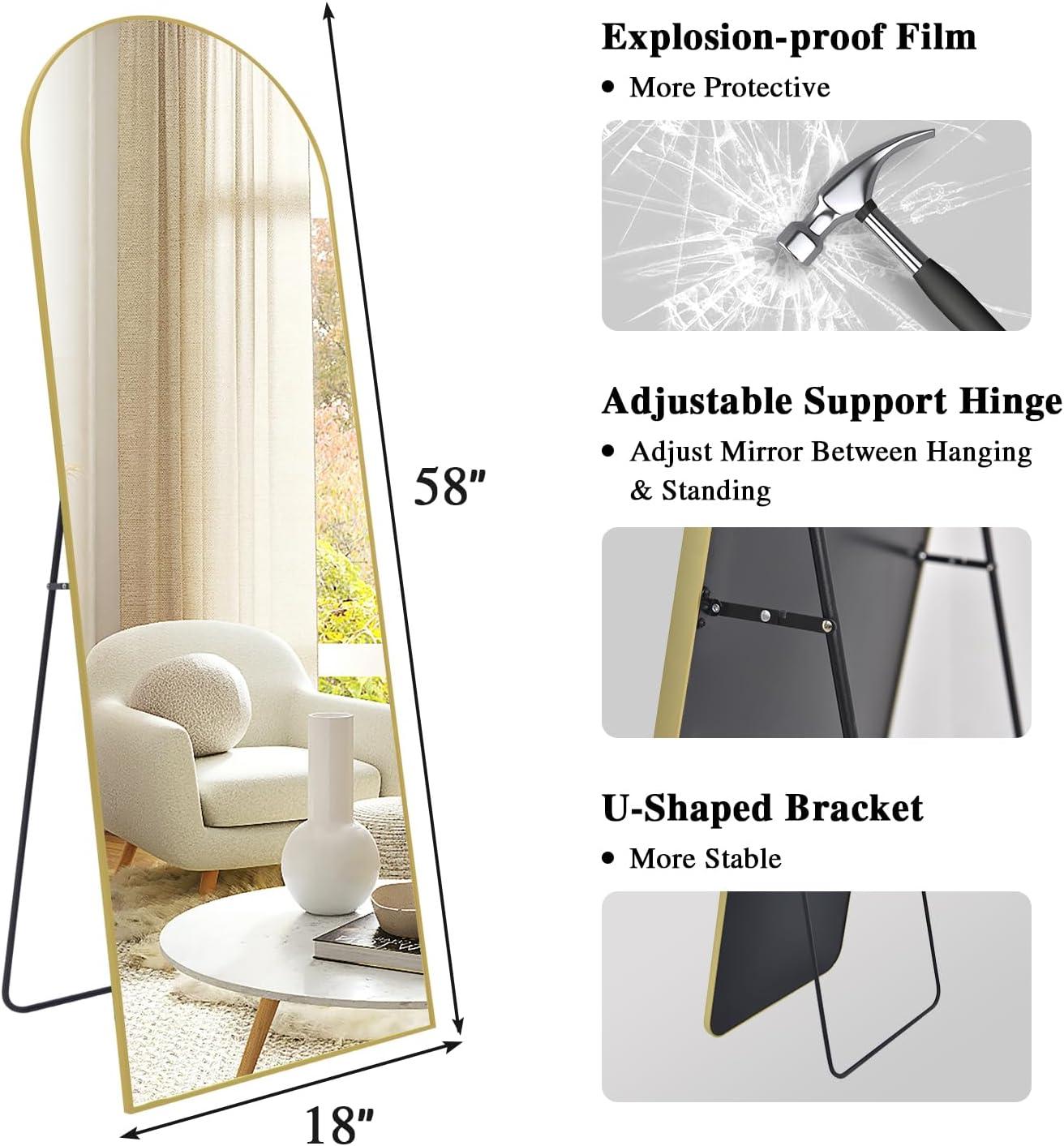 Antok Arched Full Length Mirror, 58"x18" Floor Mirror Freestanding, Floor Standing Mirror Full Body Mirror with Stand for Bedroom, Hanging Mounted Mirror for Living Room Cloakroom,Gold