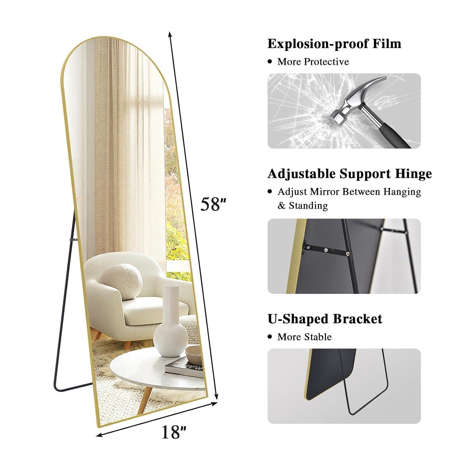 Antok Arched Full Length Mirror, 58"x18" Floor Mirror Freestanding, Floor Standing Mirror Full Body Mirror with Stand for Bedroom, Hanging Mounted Mirror for Living Room Cloakroom,Gold