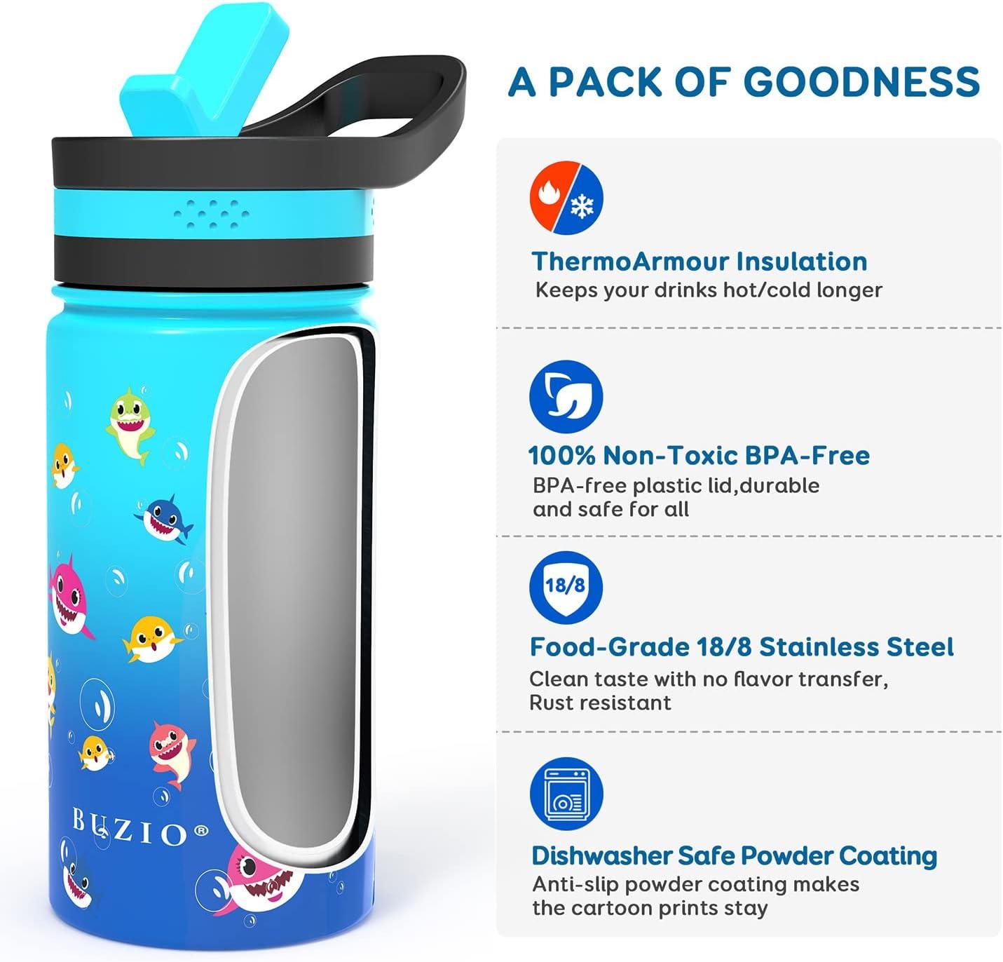 Buzio Insulated Water Bottle with Straw for Kids, 2 Lids Double Vacuum Metal Water Bottle, 14 Ounce, Blue Shark