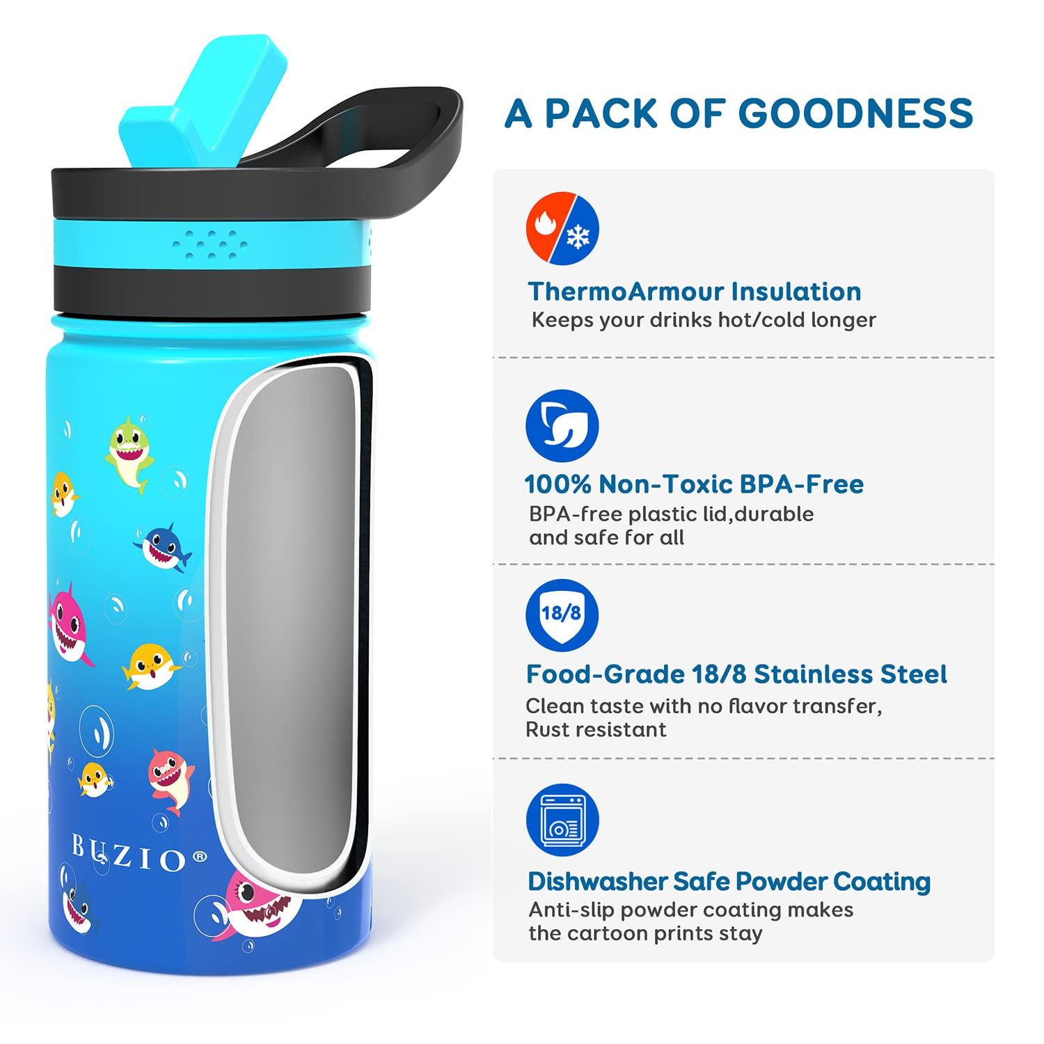 Buzio Insulated Water Bottle with Straw for Kids, 2 Lids Double Vacuum Metal Water Bottle, 14 Ounce, Blue Shark