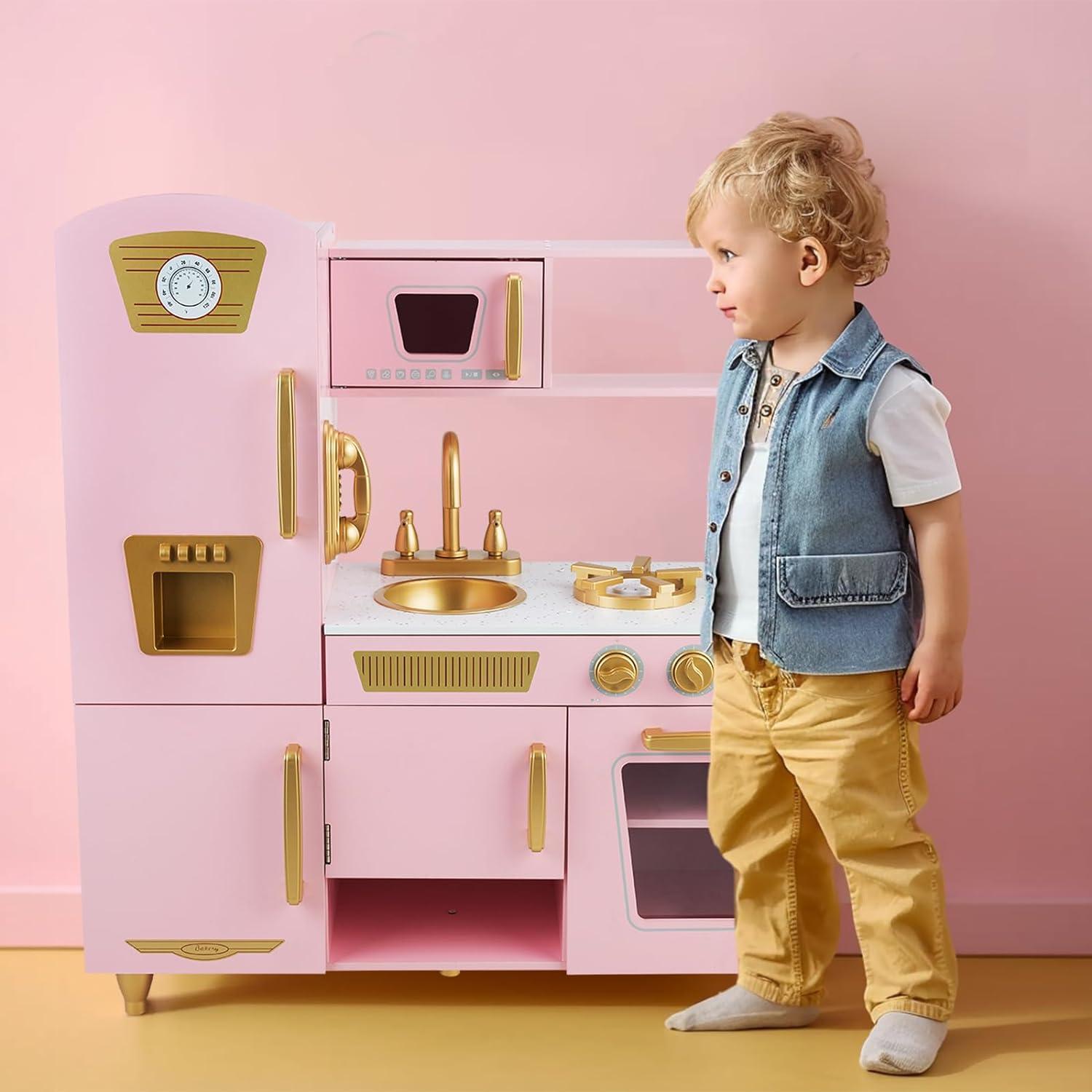 Pink Wooden Kids Kitchen Playset with Telephone and Ice Maker