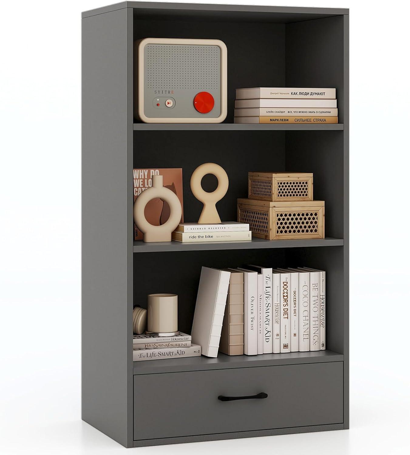 Resenkos Bookshelf,Shelf, Open Bookcase Book Shelf,Storage Shelf Unit Plant Stand,48 Inch Tall 4 Tiers Wood Bookcase with Drawer-Gray