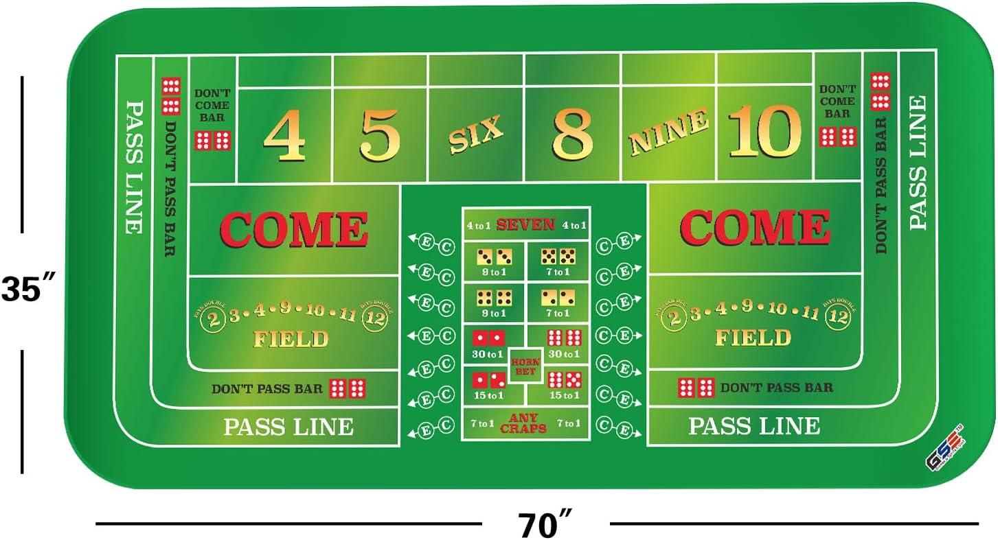 GSE 70" x 35" Casino Craps Tabletop Layout Mat with Carrying Bag, Non-Slip Rubber Layout Mat
