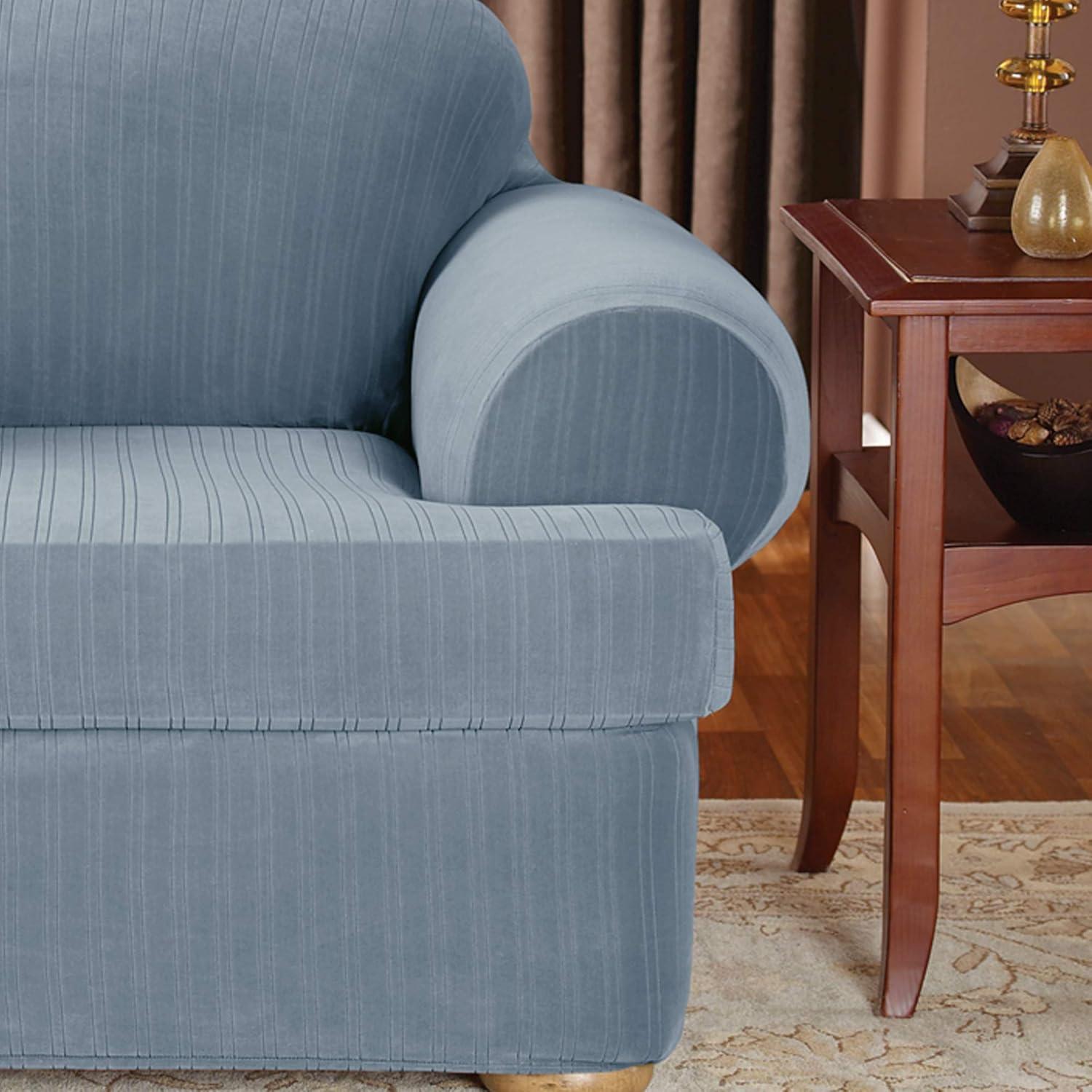 French Blue Stretch Pinstripe T-Cushion Loveseat Slipcover