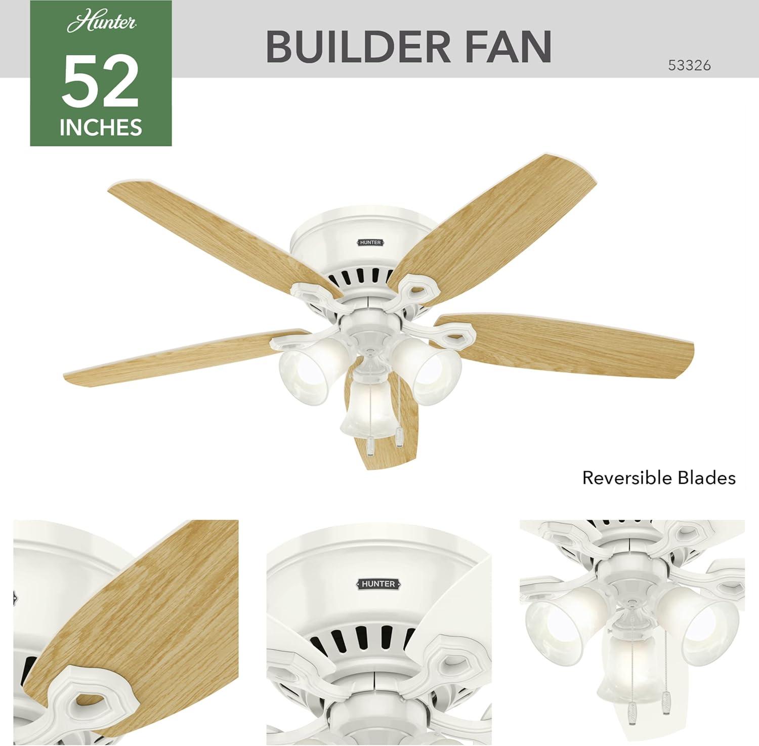 Builder Low Profile 52" 5 - Blade Flush Mount Ceiling Fan with Lights and Pull Chains