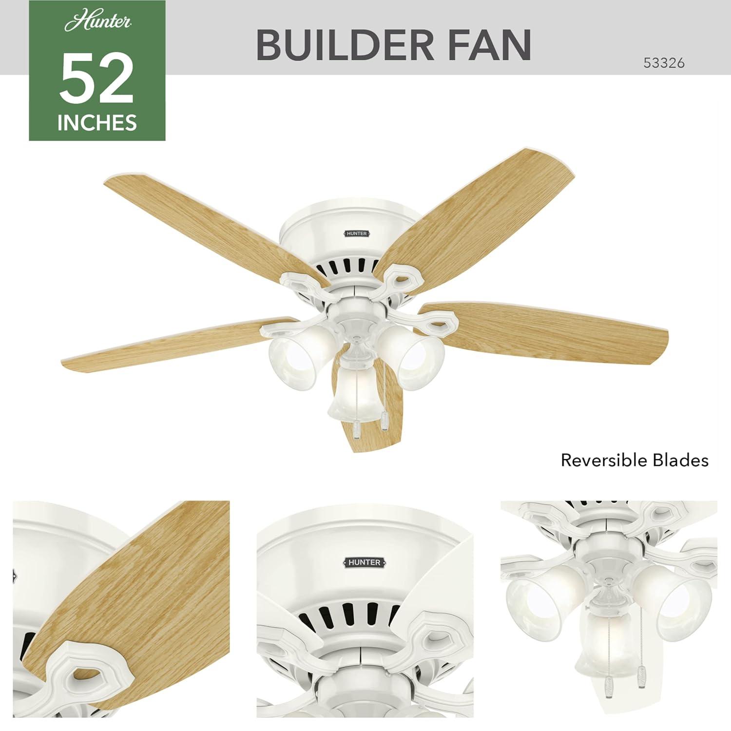 Hunter Fan Builder Low Profile 52" 5 - Blade Flush Mount Ceiling Fan with Lights and Pull Chains