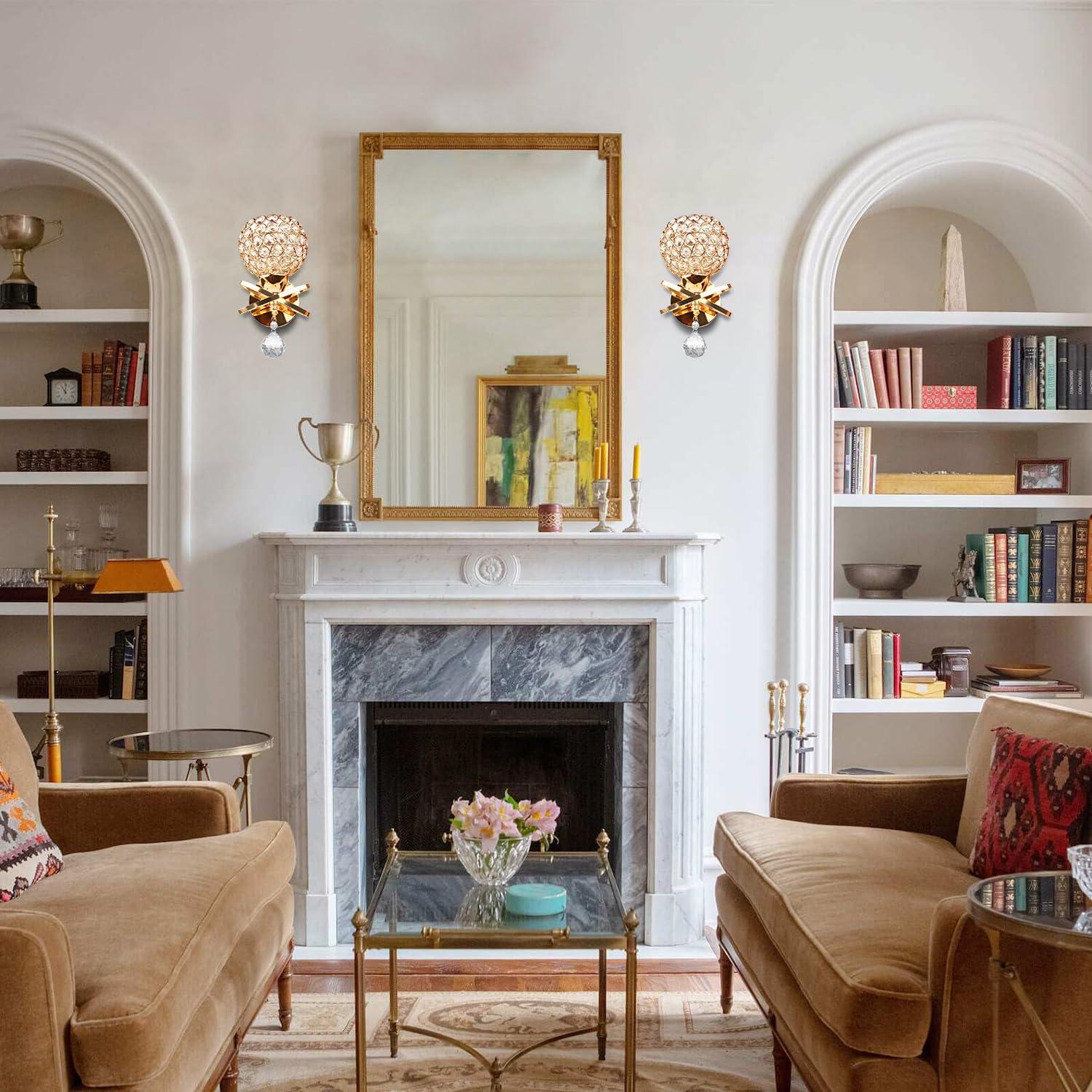 Gold Wall Sconces Set of Two, Modern Crystal Wall Light with E26 Socket Hardwired Sconces Wall Lighting Bedside Wall Lamp Crystal Decor Wall Mount Light Fixture for Living room, Bedroom, Hallway