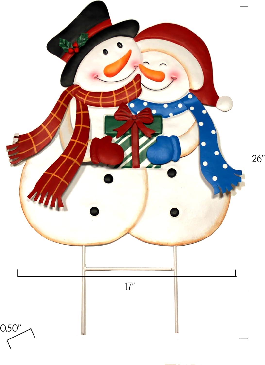 26" White and Red Metal Hugging Snowman Couple Yard Stake