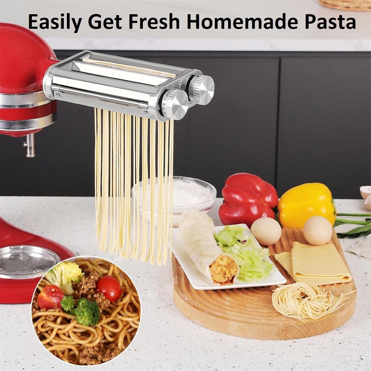 Pasta Maker Attachment for KitchenAid Mixers,3 in 1 Set Included Pasta Sheet Roller, Spaghetti Cutter, Fettuccine Cutter Accessories and Cleaning Brush