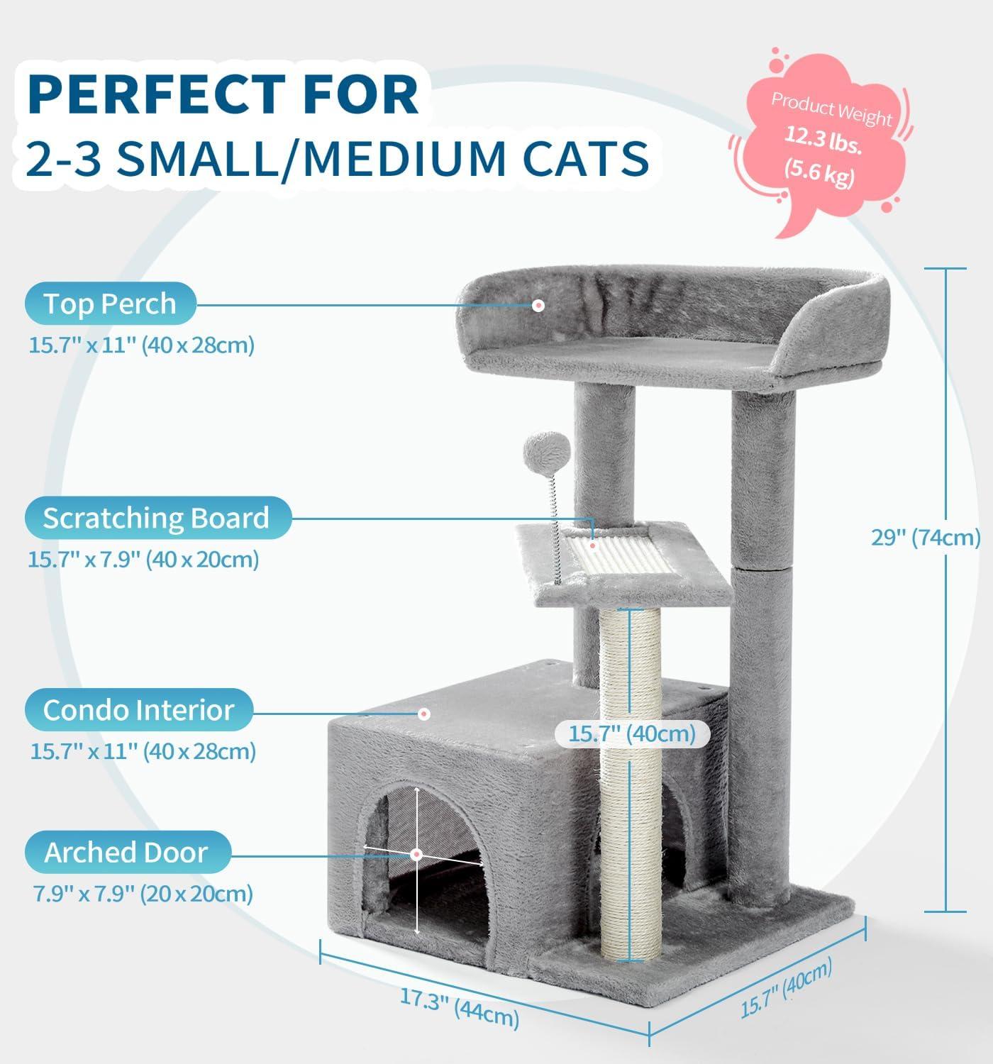 Cat Tree, Carpet Cat Tower Grey for Indoors Cats, Cute Wood Kitty Condo with Scratching Post and Pad, 29" Multi-Level Modern Activity Climbing Furniture for Small and Medium Cats