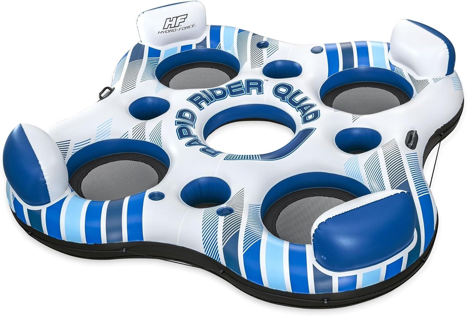 Hydro-Force Rapid Durable Rider Quad 4 Person River Tube with Built In Coolers, Cup Holders and Heavy Duty Handles, Multicolor
