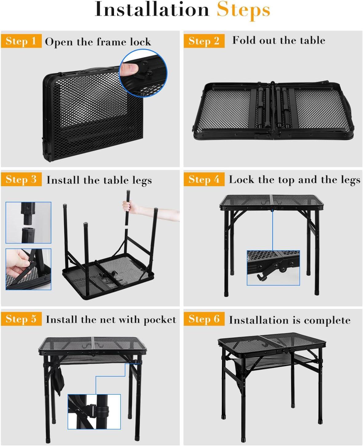 Folding Grill Table Camping Table with Mesh Desktop, Lightweight & Portable Outdoor Picnic Table, Height Adjustable Portable Grill Table for Outside Inside Use