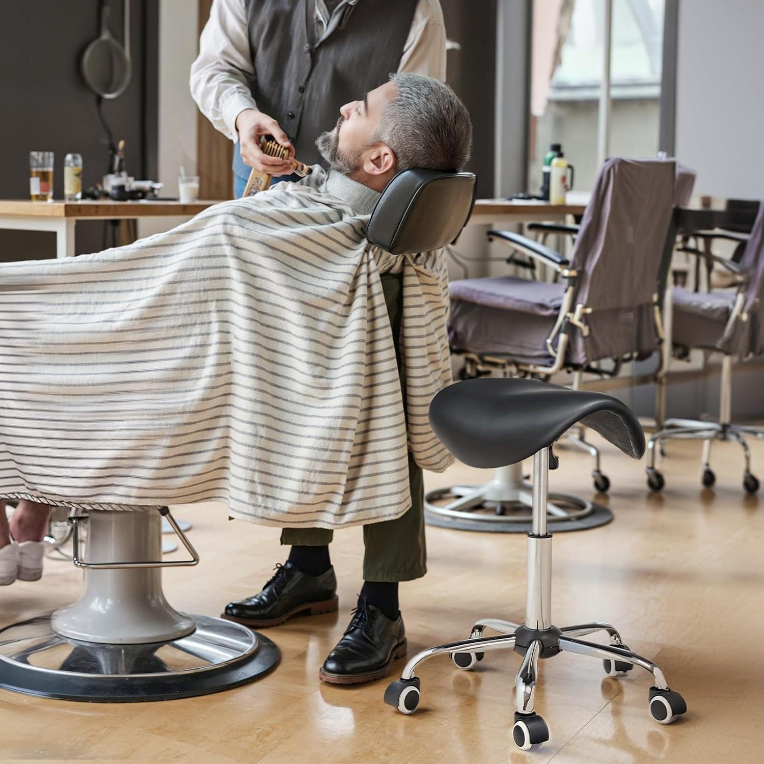 Adjustable Rolling Saddle Stool PU Leather Rolling Stool Salon Chair with Wheels Black