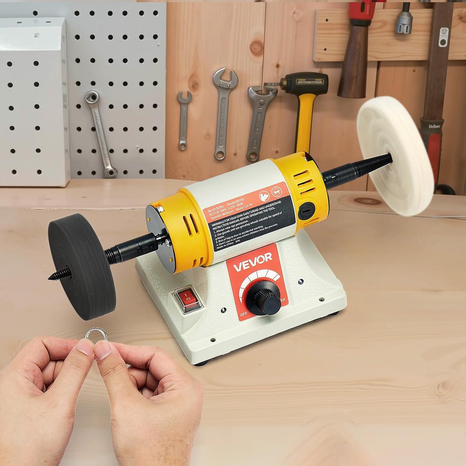 VEVOR Bench Buffer Polisher, 1/2HP Polishing Buffing Machine, 0 to 8000RPM Benchtop Polisher Grinder with 4" Cloth Wheel, 3" Grinding Wheel & 3" Fiber Wheel for Metal, Jewelry, Wood and Plastic