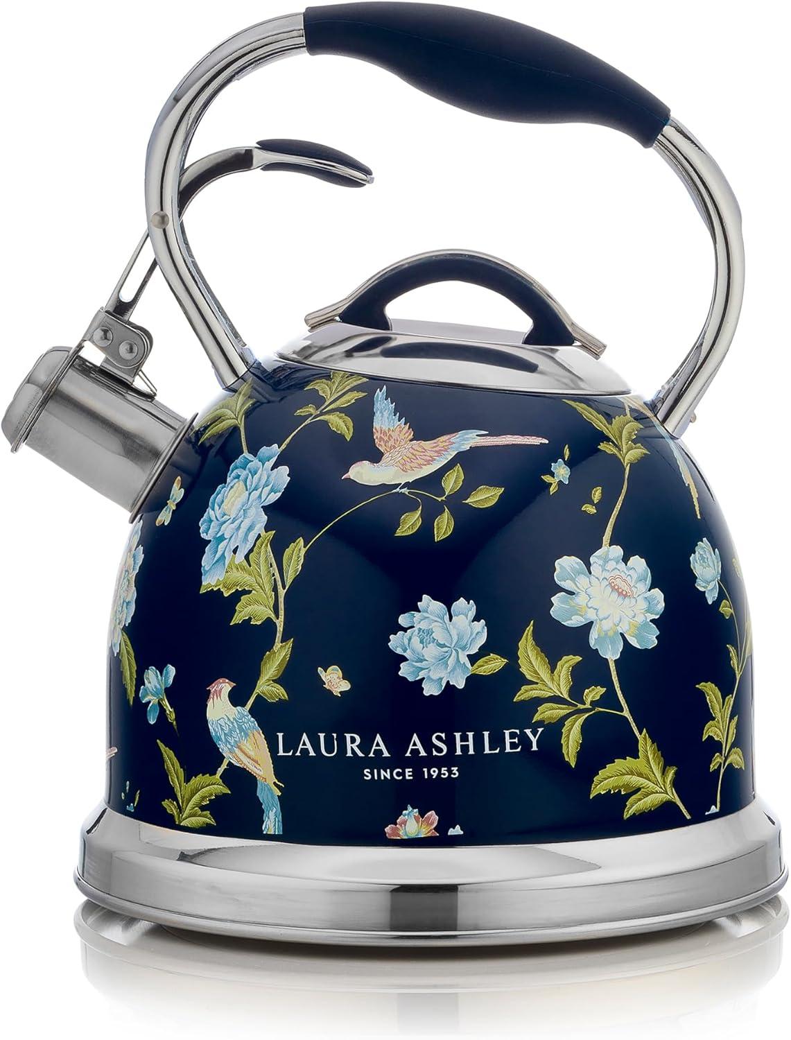 Navy Stainless Steel Whistling Stove Top Kettle with Floral Print