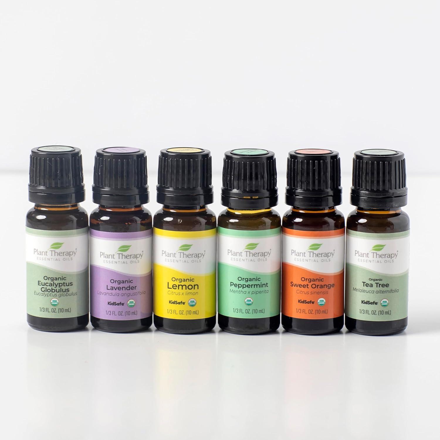 Plant Therapy Top 6 Organic Essential Oil Set - Lavender, Peppermint, Eucalyptus, Lemon, Tea Tree 100% Pure, USDA Organic, Natural Aromatherapy, Therapeutic Grade 10 mL (1/3 oz)