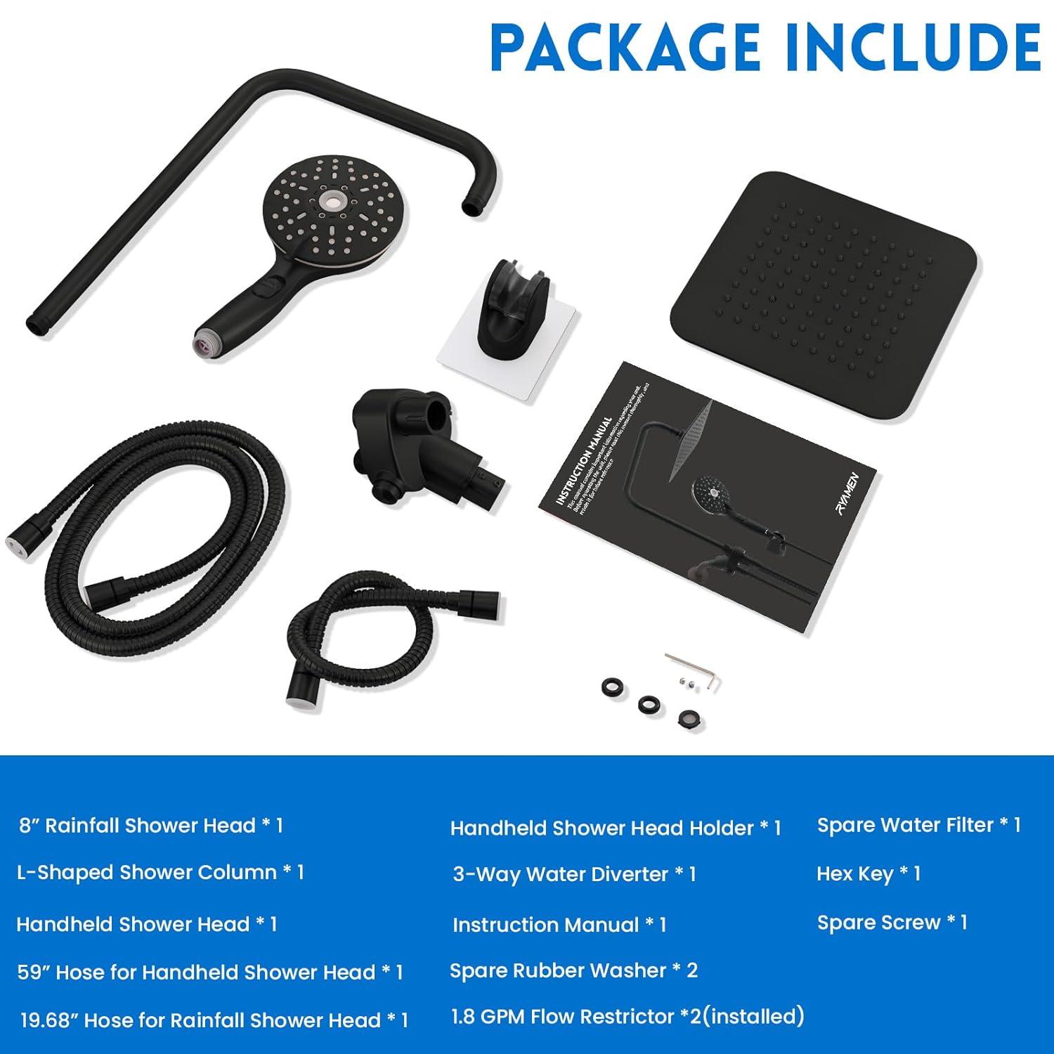 8" Dual Shower Head Combo, Rainfall Shower Head with Handheld, 6 Spray Settings Angle Adjustable Handheld Shower Head with Pause, Height Adjustable, Matte Black