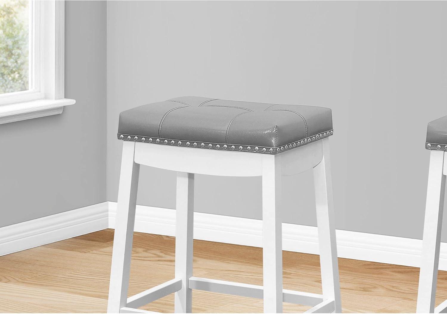 Monarch Specialties Bar Stool Set Of 2 Counter Height Saddle Seat Kitchen Wood Pu Leather Look White Grey Transitional