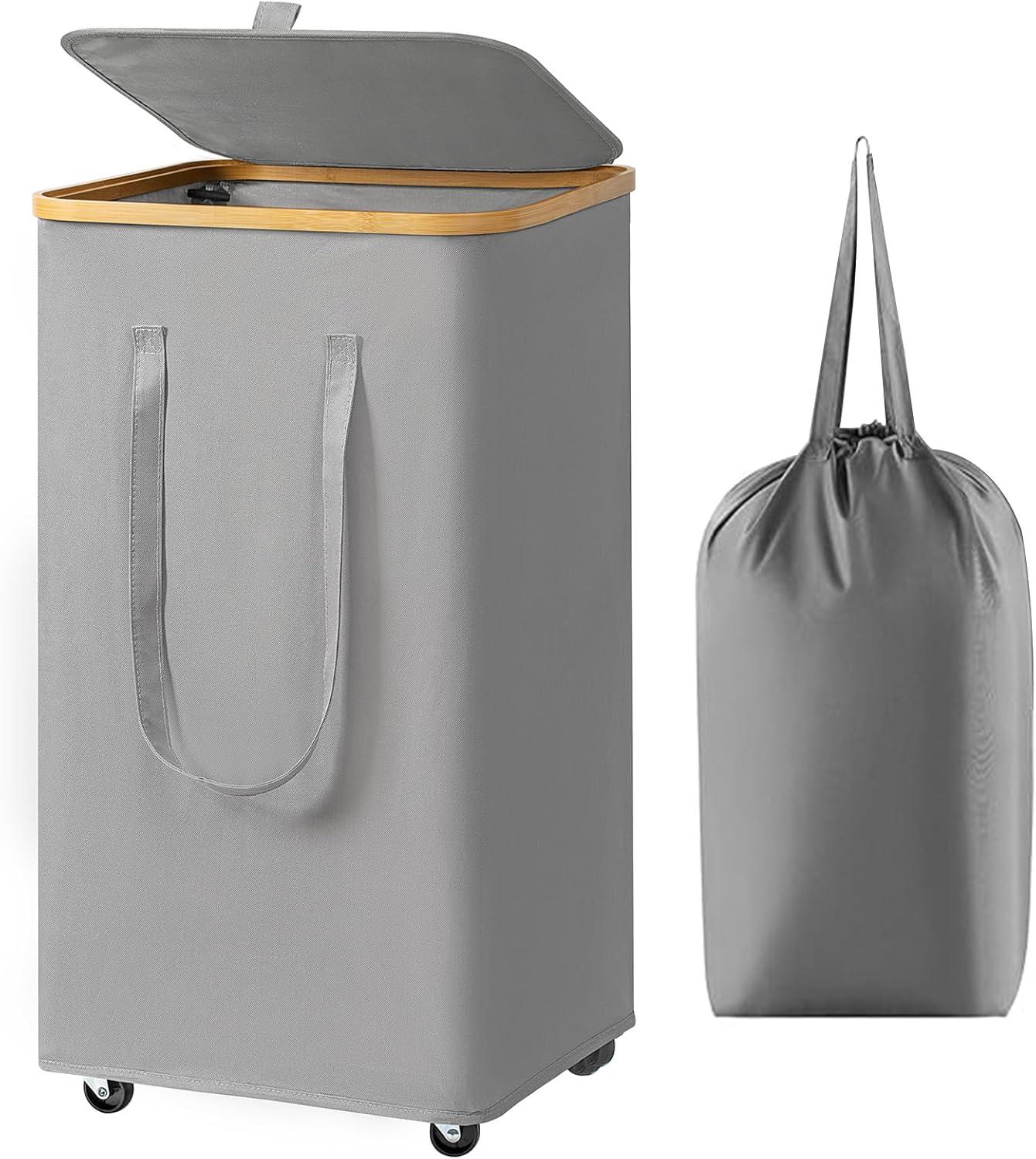 Efluky Laundry Basket with Lid and Removable Bag, 100L Tall Laundry Hamper with Bamboo Handles, Aesthetic Dirty Clothes Bin for Laundry Room, Bathroom, Bedroom and Dorm,Grey