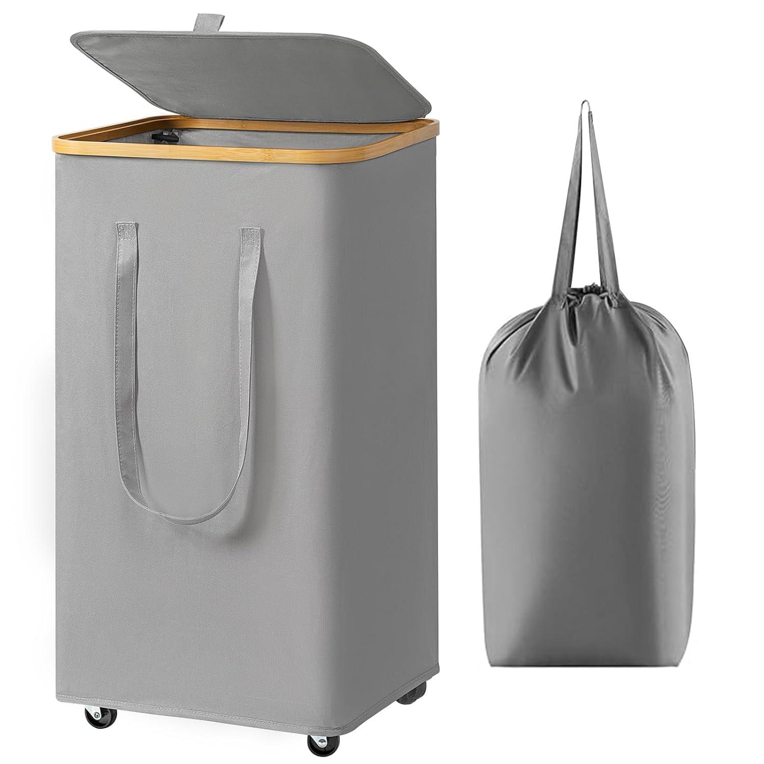 Efluky Laundry Basket with Lid and Removable Bag, 100L Tall Laundry Hamper with Bamboo Handles, Aesthetic Dirty Clothes Bin for Laundry Room, Bathroom, Bedroom and Dorm,Grey