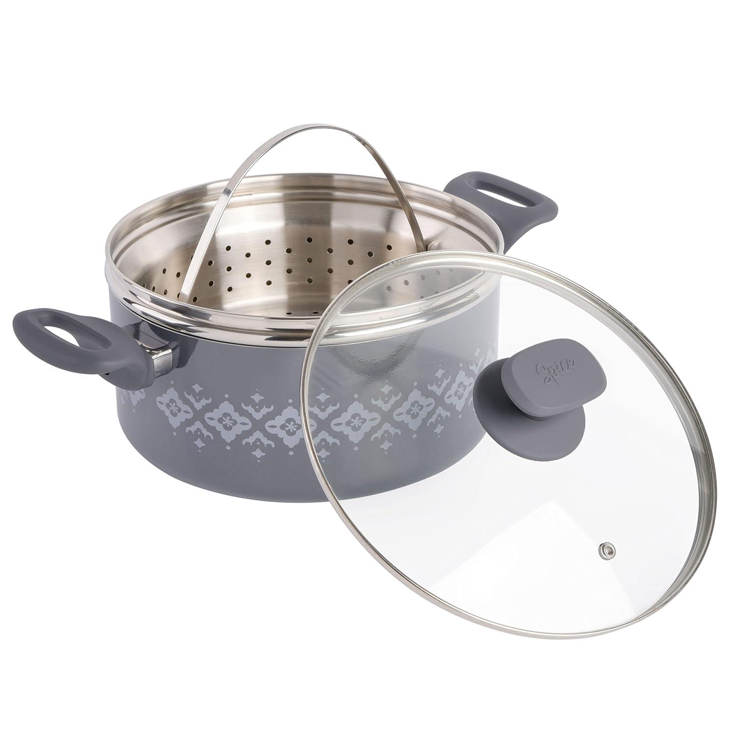 Spice by Tia Mowry Spice By Tia Mowry Savory Saffron Nonstick Ceramic Dutch Oven With Stainless Steel Steamer, 5-Quart, Charcoal, Enamel Exterior, Stay-Cool Handles
