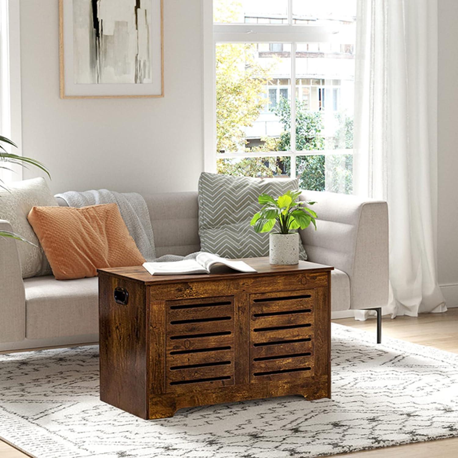 Rustic Brown Wooden Flip-Top Storage Chest with Safety Hinges