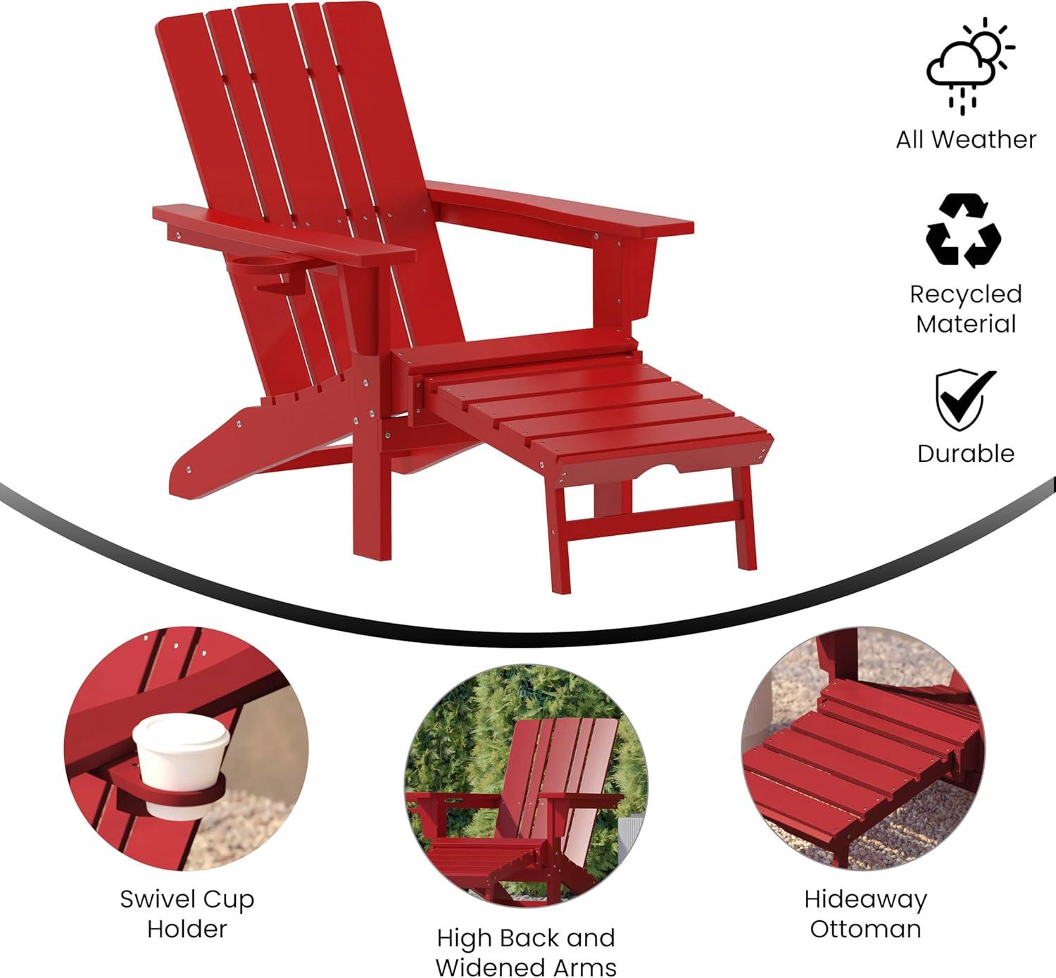 Flash Furniture Halifax HDPE Adirondack Chair with Cup Holder and Pull Out Ottoman, All-Weather HDPE Indoor/Outdoor Lounge Chair in Red