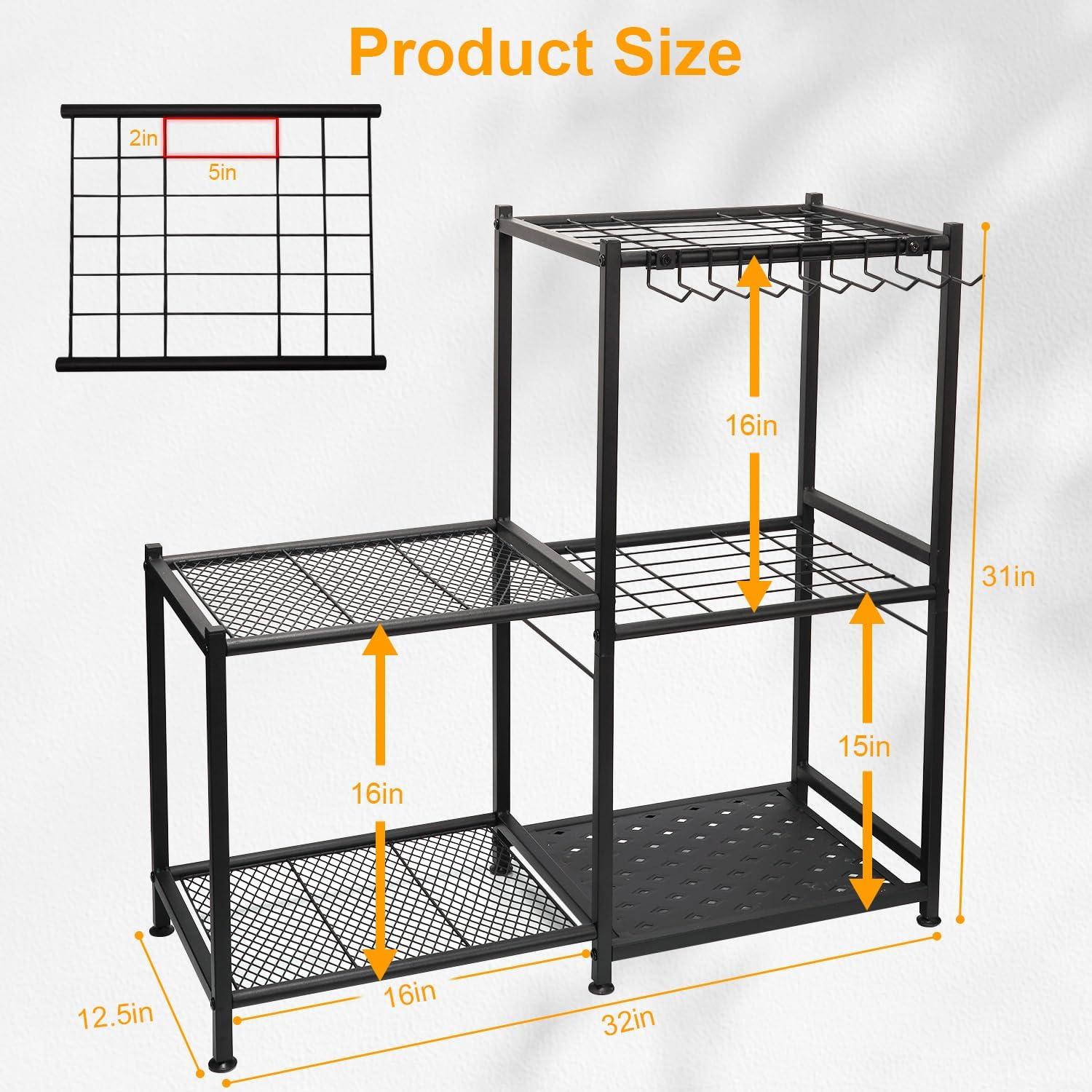 Heavy Duty Black Steel Garden Tool Organizer with 2-Tier Shelves