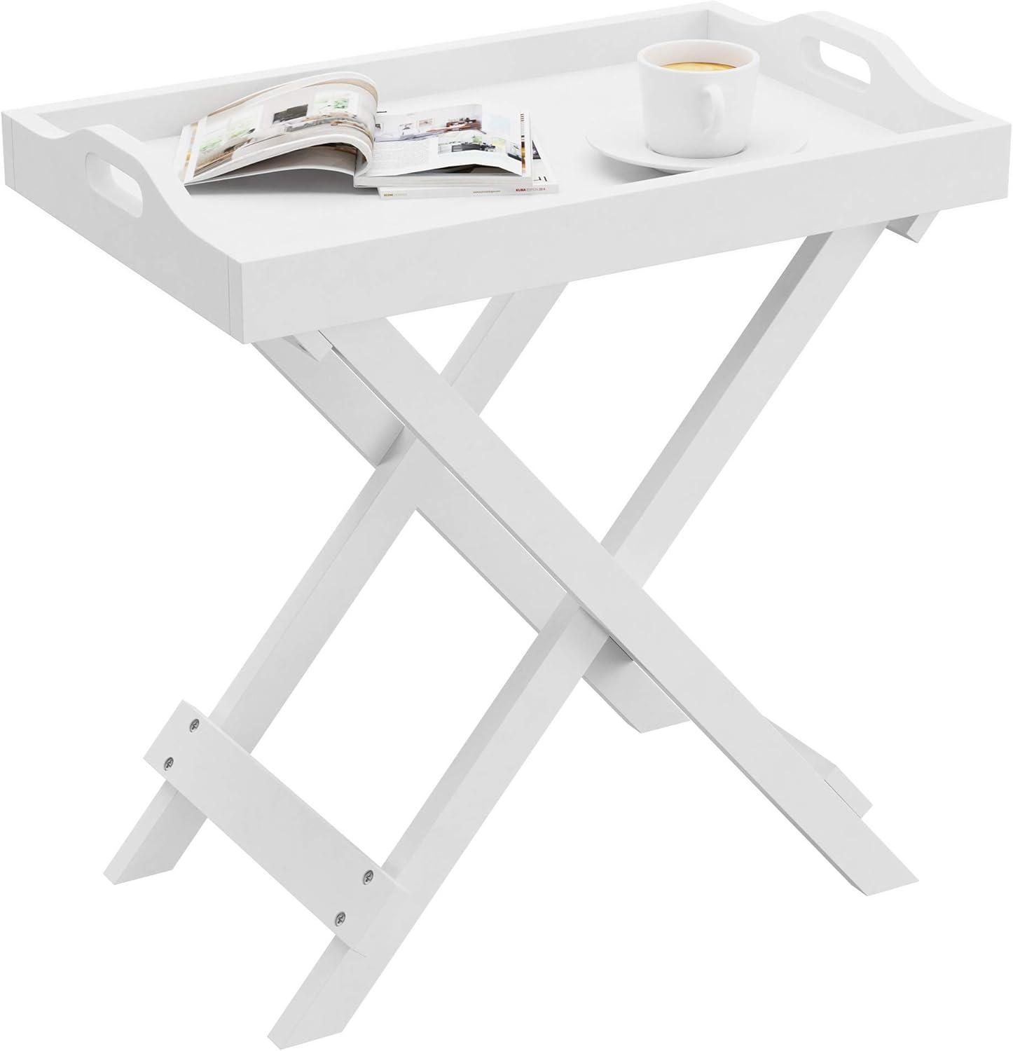 Elegant White Folding End Table with Removable Tray