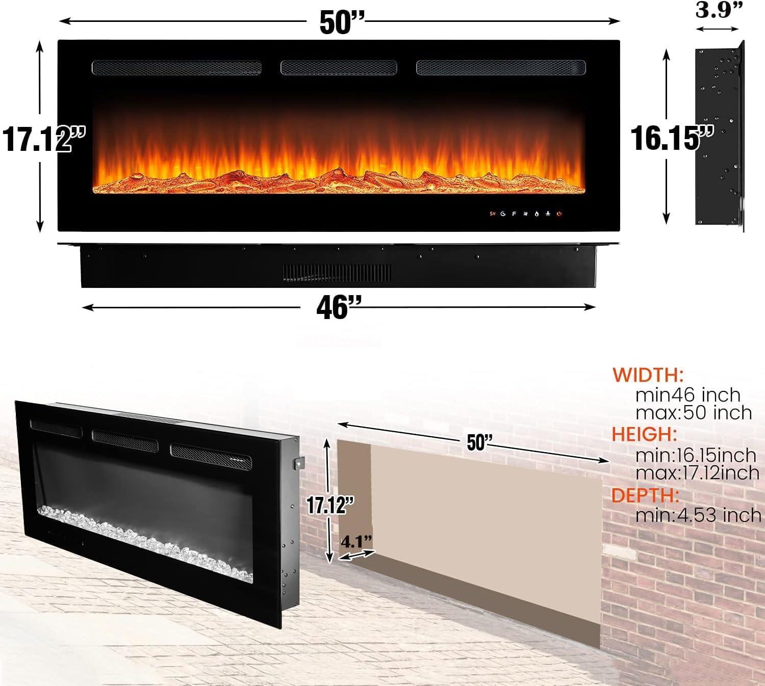 oneinmil Electric Fireplace, 50 inch Wide Recessed/Wall Mounted Electric Fireplace, Remote Control with Timer 12 Adjustable Color Flame, Remote Control,with Crystal Stone, 750/1500W