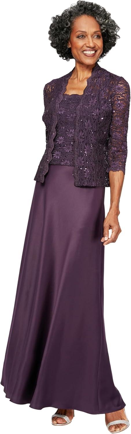 Alex Evenings Women's Long Mock Jacket Dress with Satin Skirt, 8 Eggplant