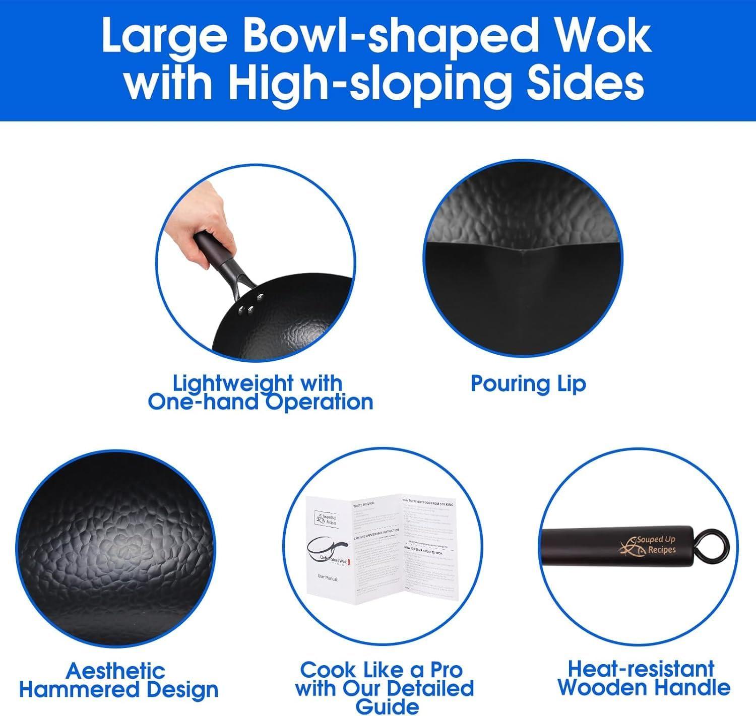 Souped Up Recipes Carbon Steel Wok For Electric, Induction and Gas Stoves (Lid, Spatula and User Guide Video Included)