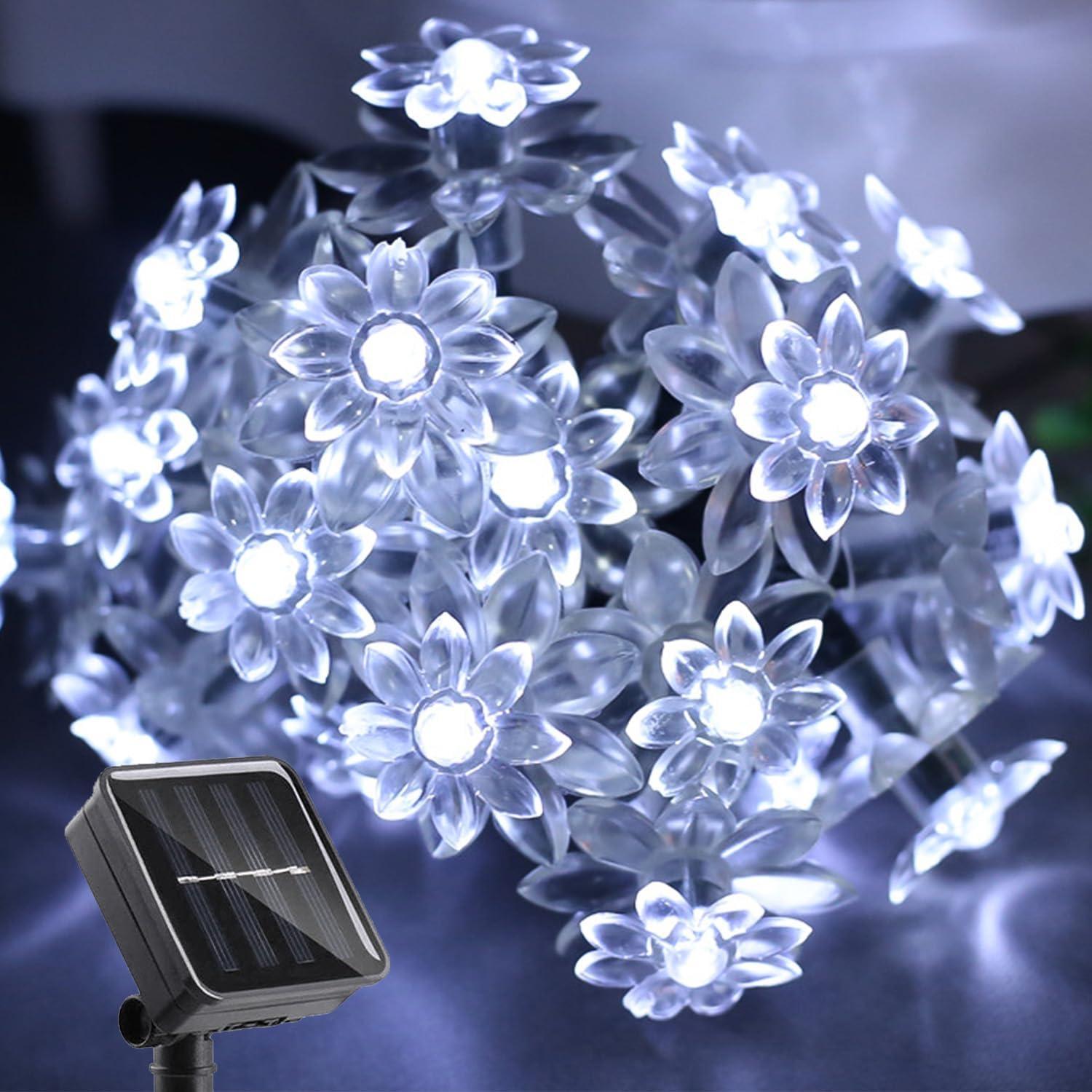 Solar Powered Outdoor White LED Flower Fairy String Lights