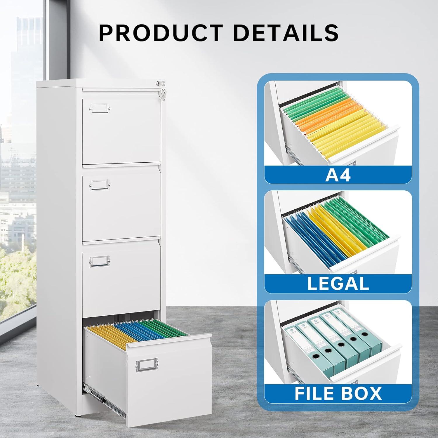 4 Drawer File Cabinet, 17.8" D Metal Filing Cabinets with Lock, Vertical Filing Cabinet for Home Office, Steel File Cabinet for Letter/Legal/A4/F4 Size, Easy Assemble (White)