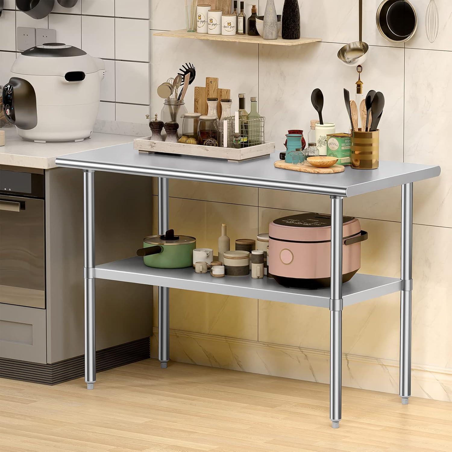 24-Inch Polished Stainless Steel Kitchen Prep Table with Adjustable Shelf