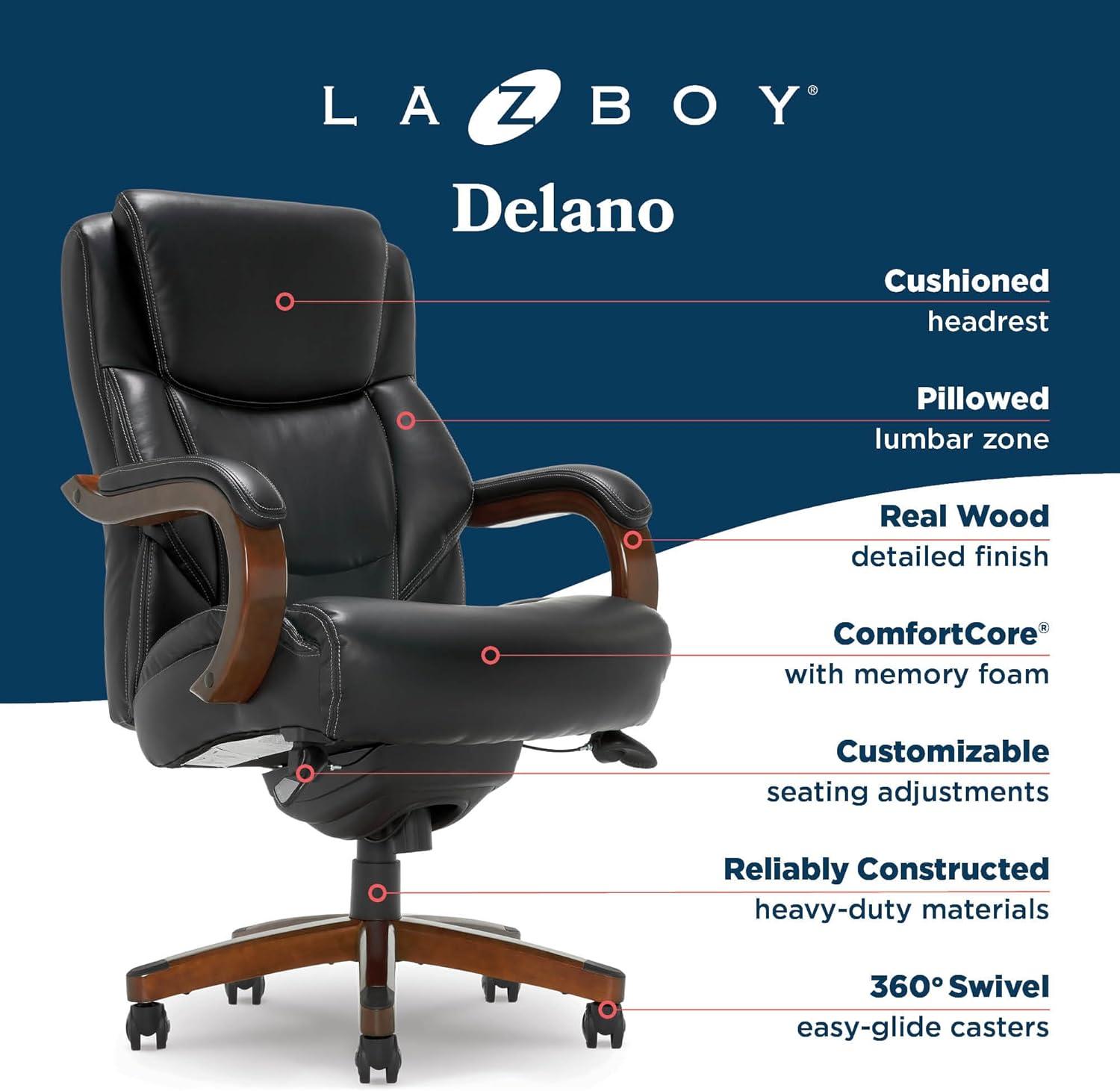 Delano Big & Tall Bonded Leather Executive Office Chair Gray - La-Z-Boy: Ergonomic, Adjustable, Wood Accents