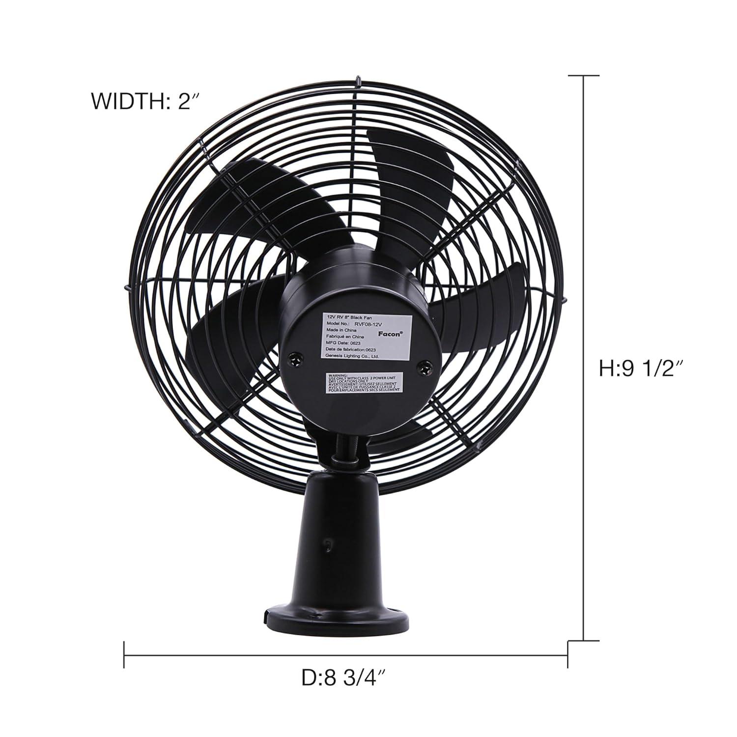 Facon 12V 8'' Car Cooling Automobile Vehicle Fan, Powerful Quiet with 2-Speed, Ventilation Electric Car Fans for RV Truck Bus Boat Van SUV Yacht