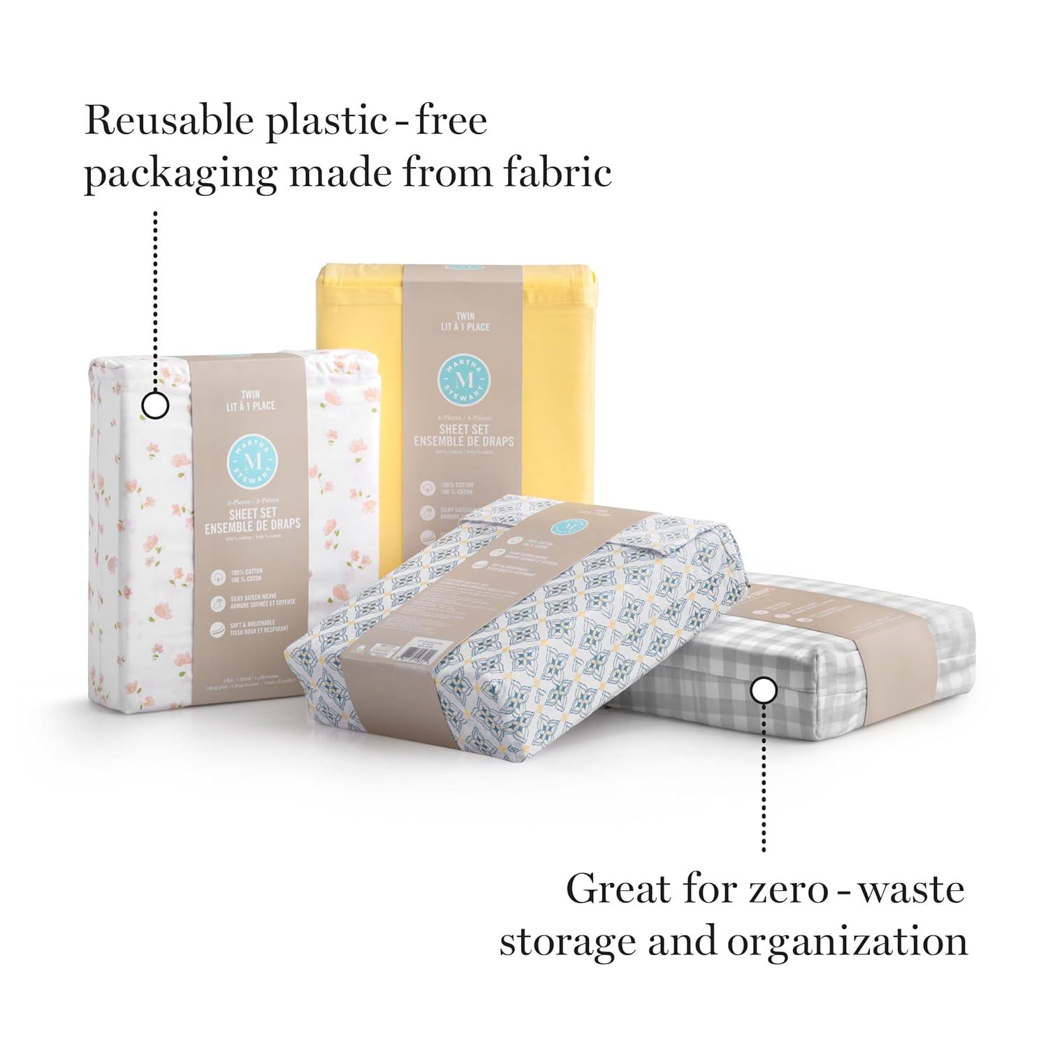 MARTHA STEWART 100% Cotton Queen Sheet Set - 4 Piece, Soft, Smooth, Durable, Easy Care, 16" Deep Pocket Sheet, Bedding Sheets, Sateen Sheet, 1 Flat, 1 Fitted, 2 Pillowcases, Blush