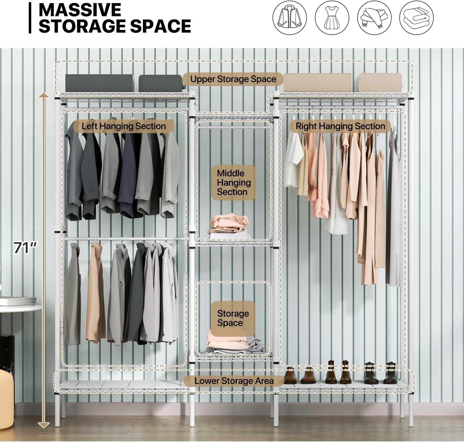 MoNiBloom Heavy Duty Clothes Rack L Shaped Clothing Rack for Corner, Wire Garment Rack Freestanding Wardrobe Rack for Bedroom, 73"Lx13.5"Wx71"H, White