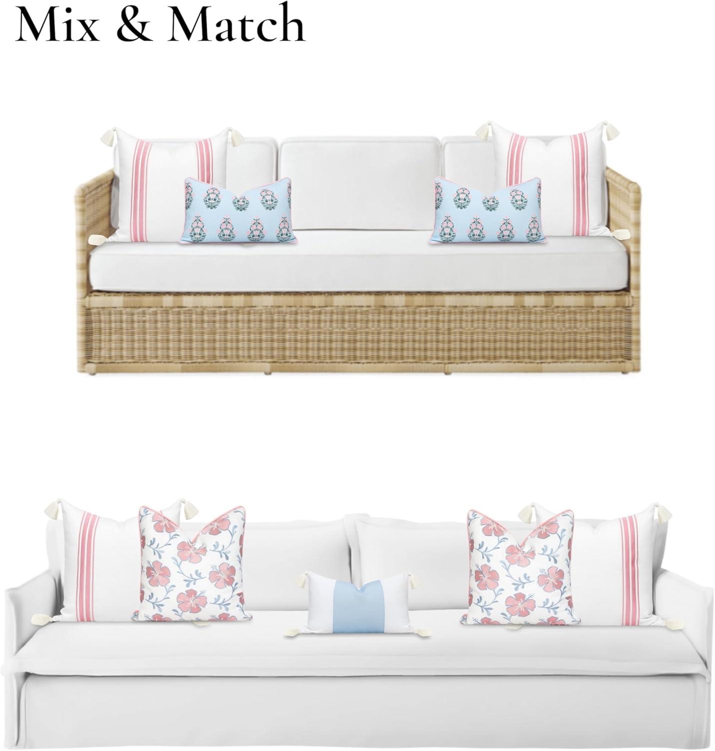 Hofdeco Premium Coastal Patio Indoor Outdoor Throw Pillow Cover Only, 20"x20" Water Repellent for Backyard, Couch, Blush Pink Embroidered Stripes with Tassels