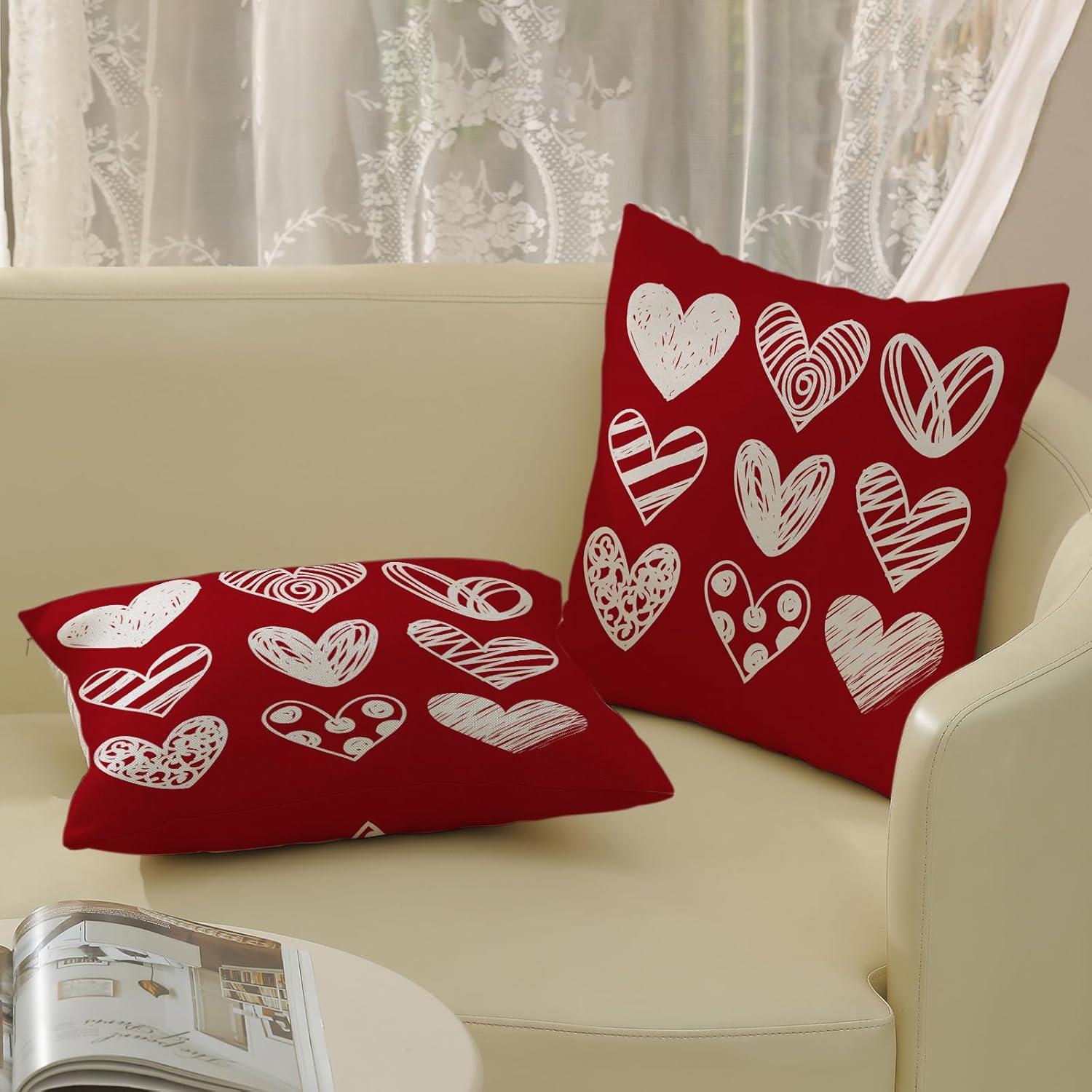 Red and White Polyester Valentine's Day Heart Pillow Covers 18x18 Inch Set