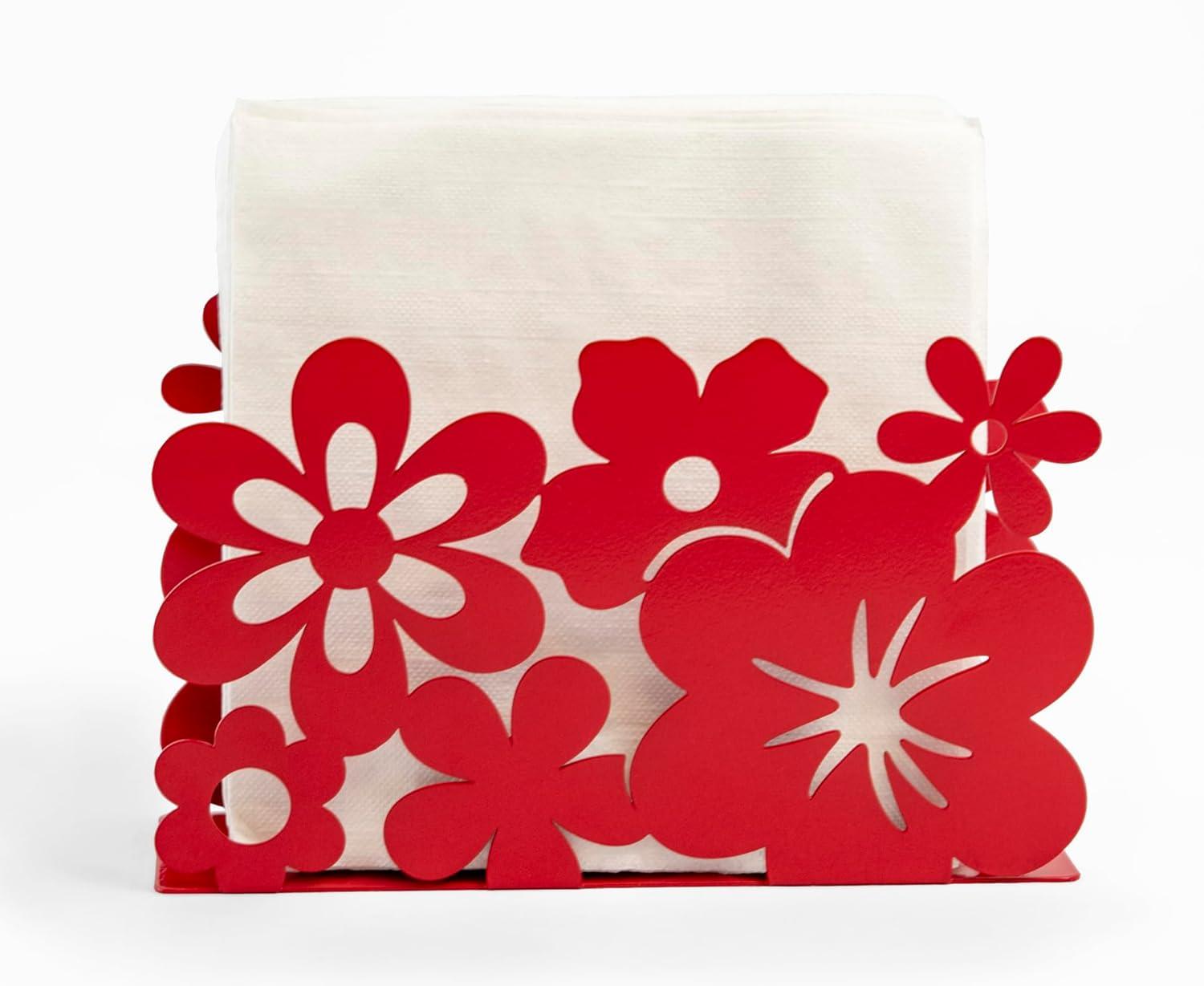 Mango Steam Metal Tabletop Napkin & Letter Holder Flower, Red (6" L x 1.75" W x 4" H)