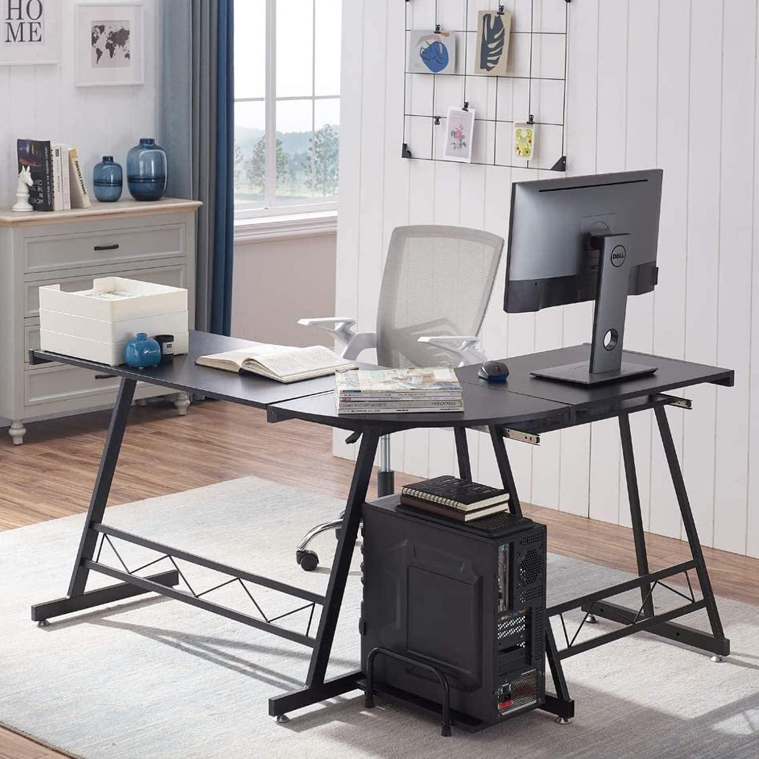 Jet Black L-Shaped Gaming Desk with Keyboard Tray and Drawer