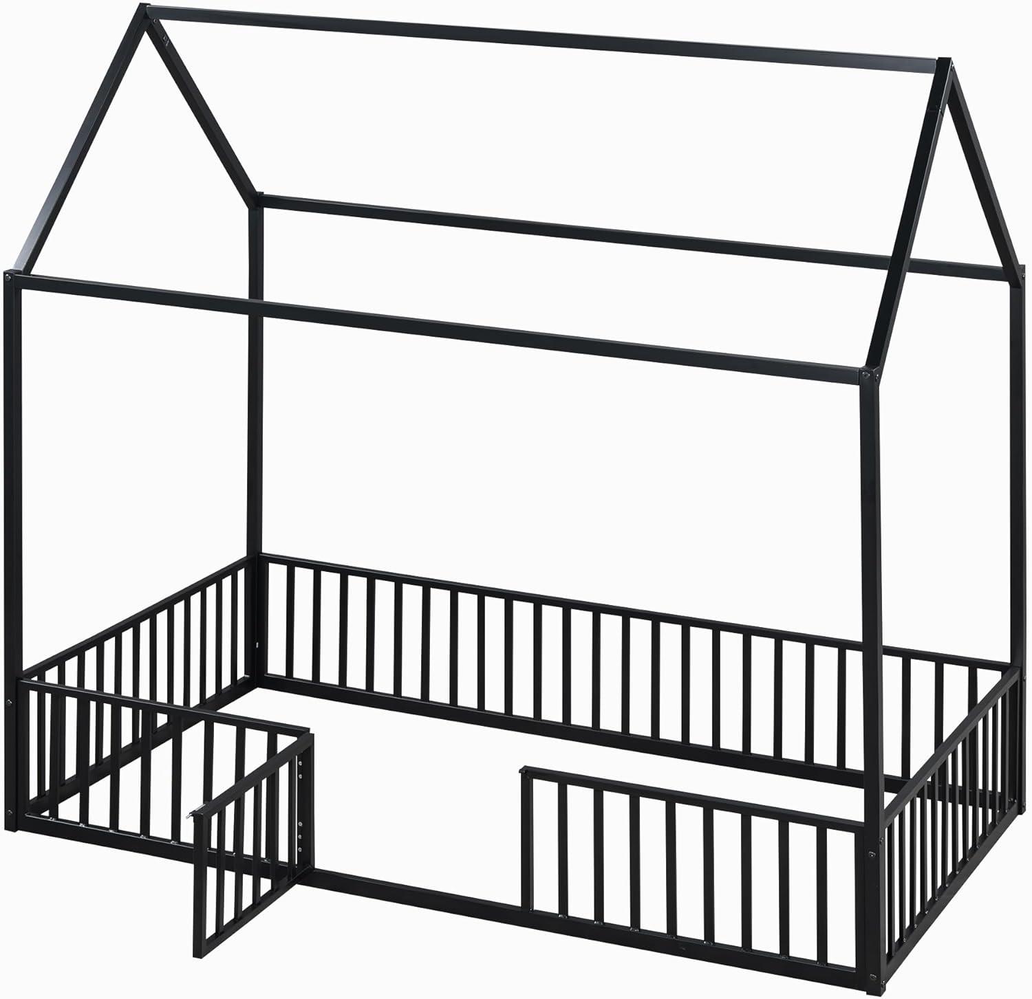 Full Floor Bed with Door and Fence, Metal Montessori Bed Full Size, Kids Montessori Floor Bed with Roof/House for Kids, Girls, Boys, White