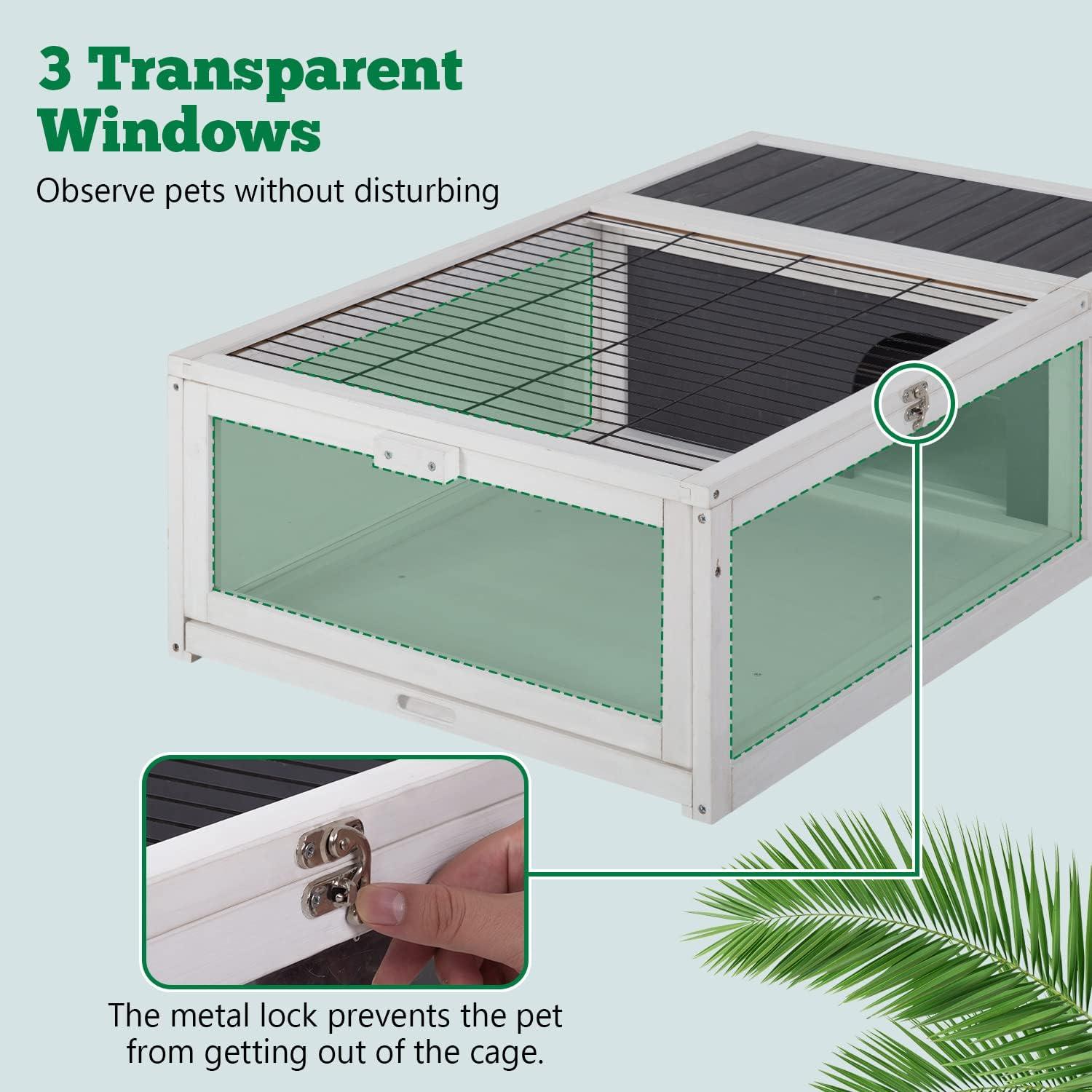 FDW Wooden Tortoise Habitat Large Transparent Tortoise Enclosure, Activity Area and Removable Tray for Small and Medium-Sized Animals,Gray