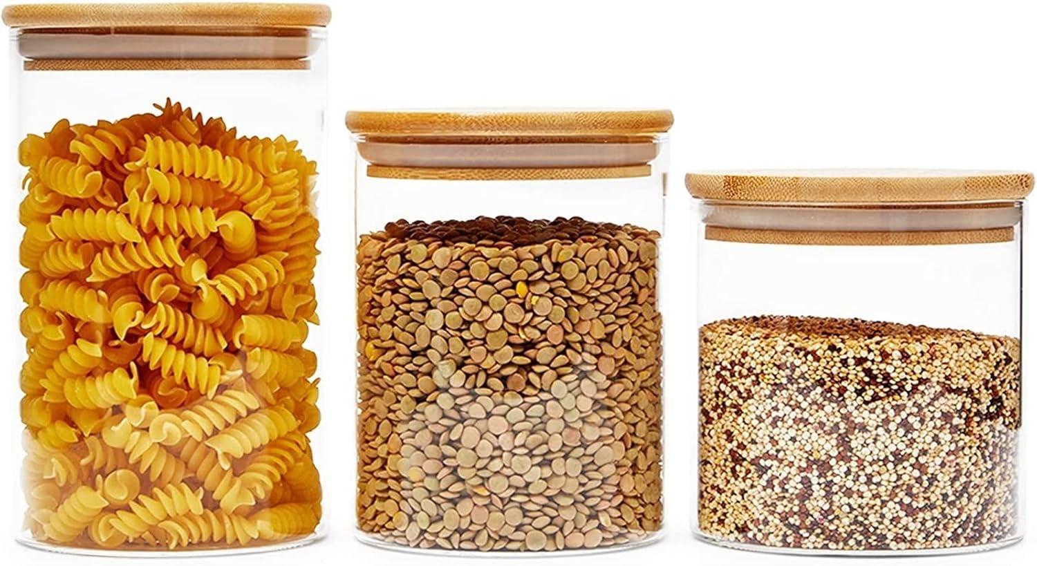 Paquete de 5 Botes de Vidrio con Tapas de Bambú, 3 Tamaños para Almacenamiento en Despensa